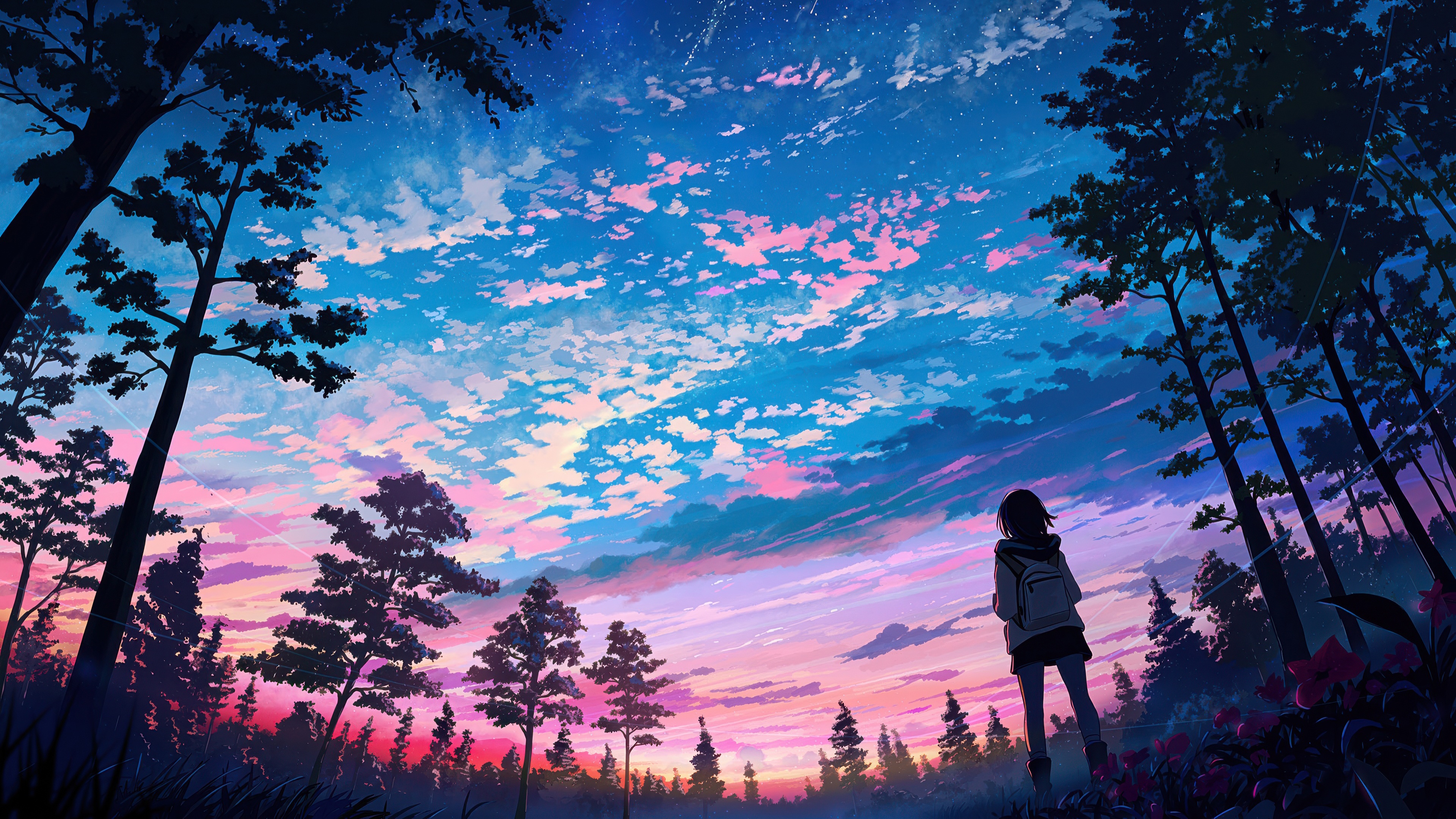 Anime girl looking at a colorful sunset in the woods HD Wallpaper