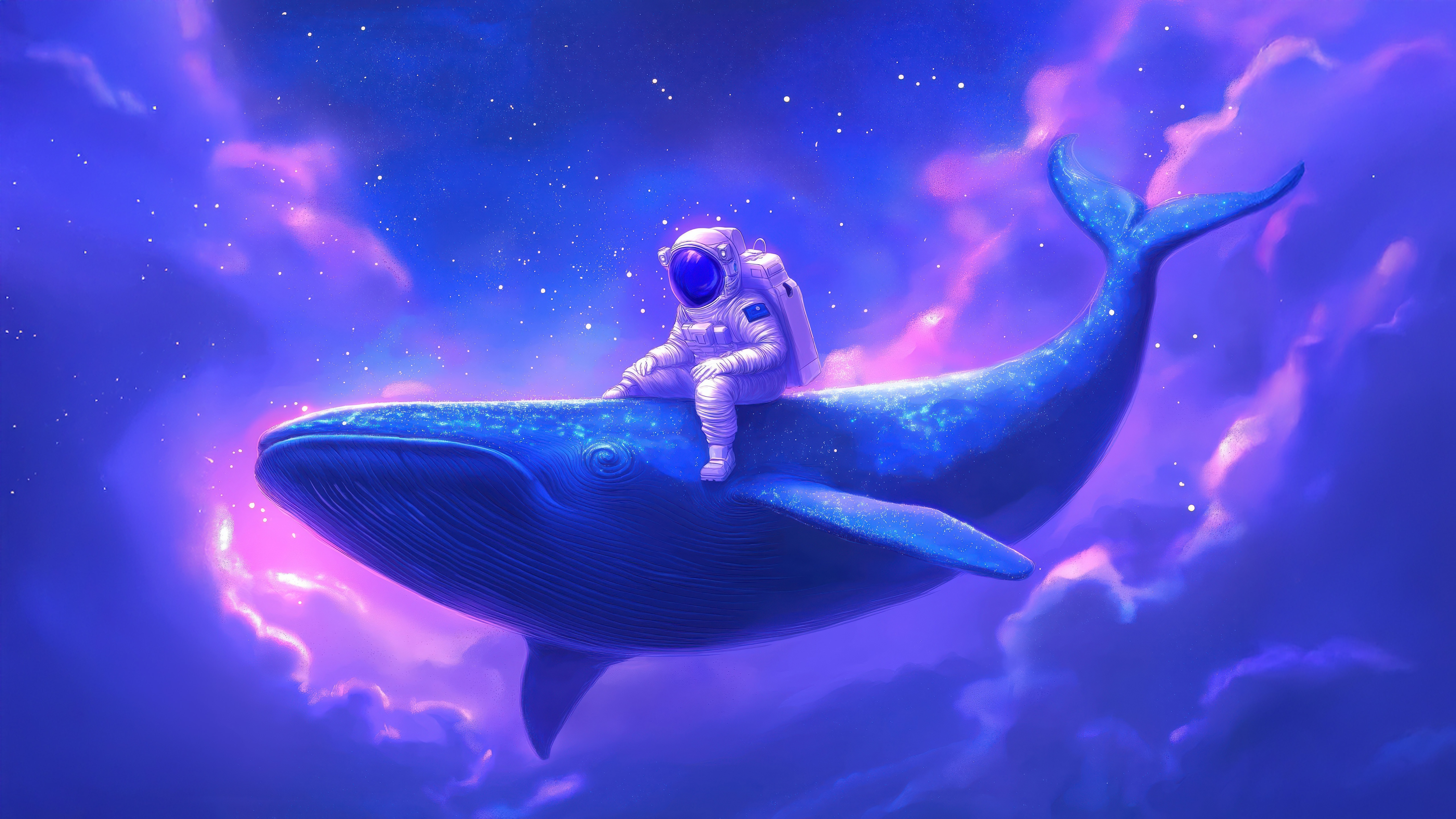 Astronaut riding a blue whale in space HD Wallpaper