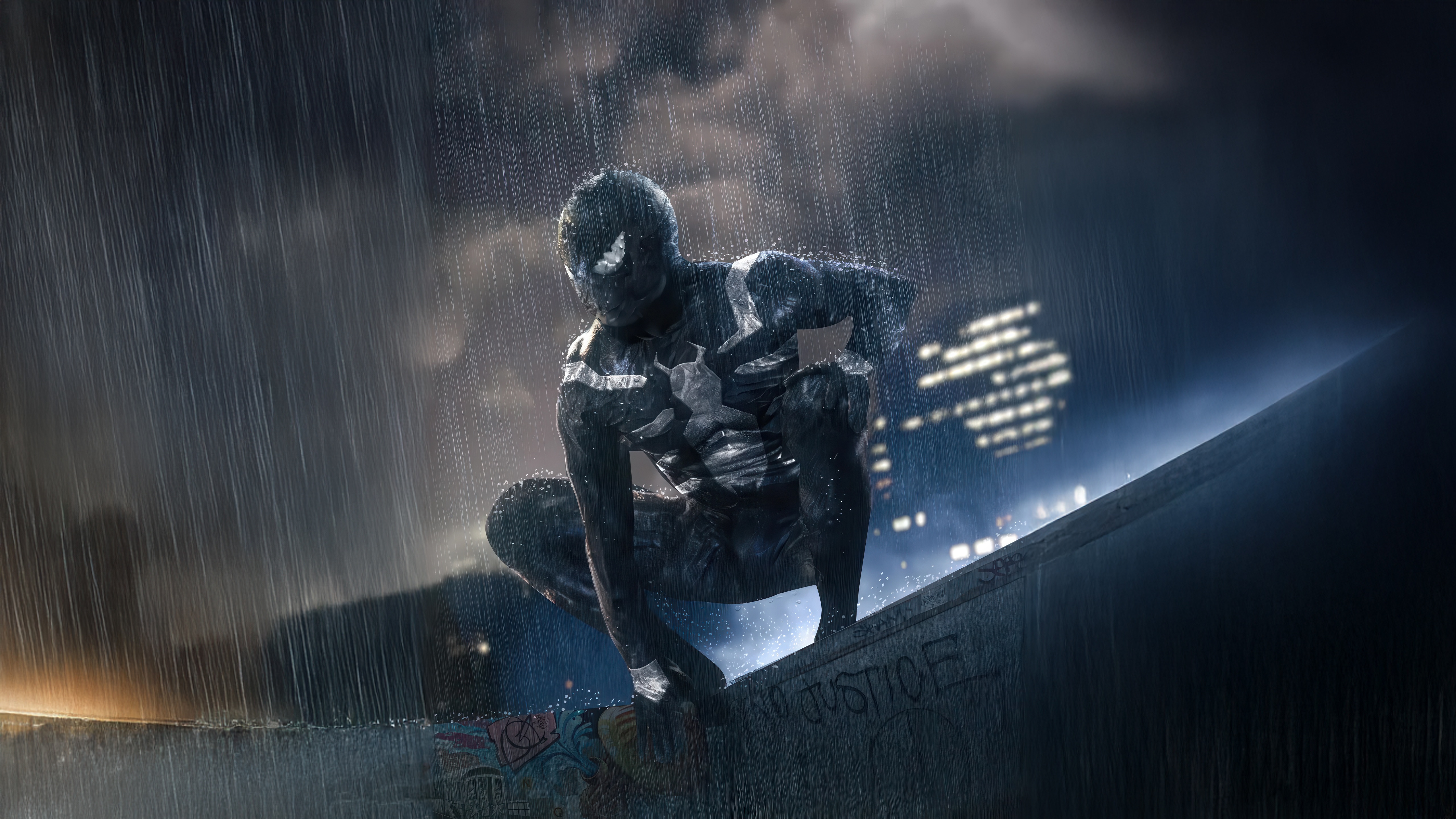 Spider-Man in Black Suit Crouching in Rain HD Wallpaper