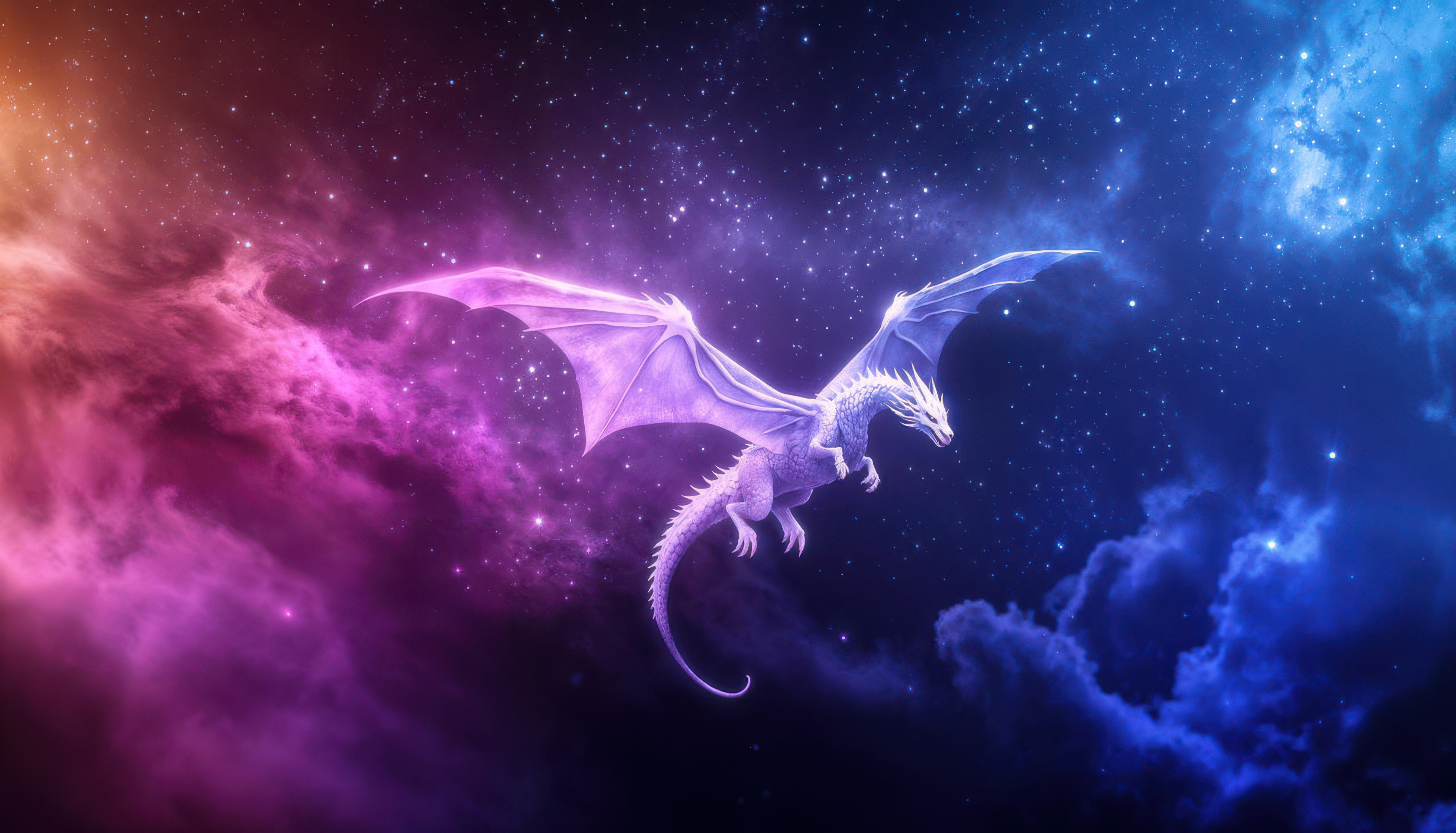 White Dragon in a Cosmic Nebula HD Wallpaper