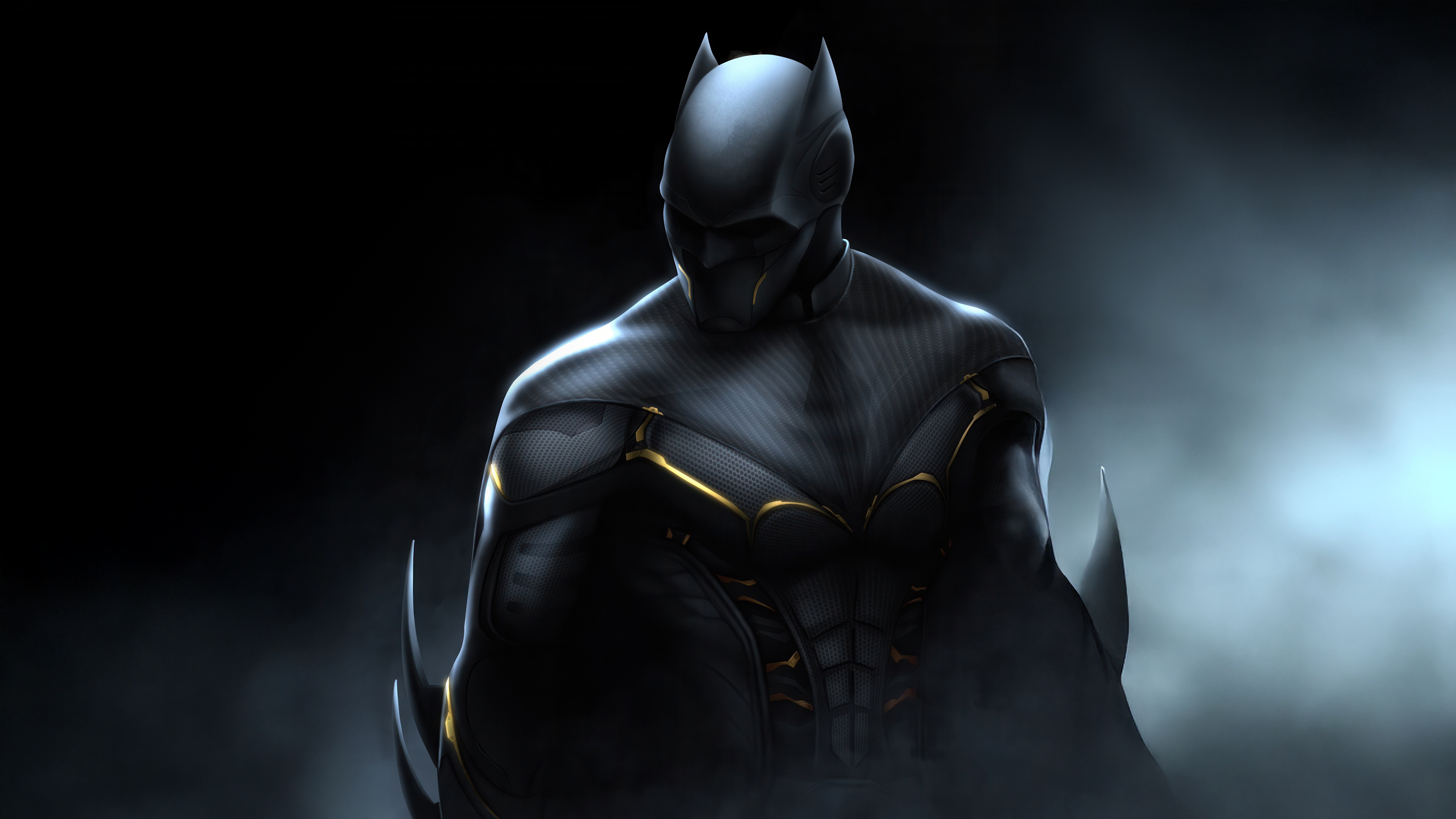 Batman in a dark, futuristic suit with gold accents HD Wallpaper