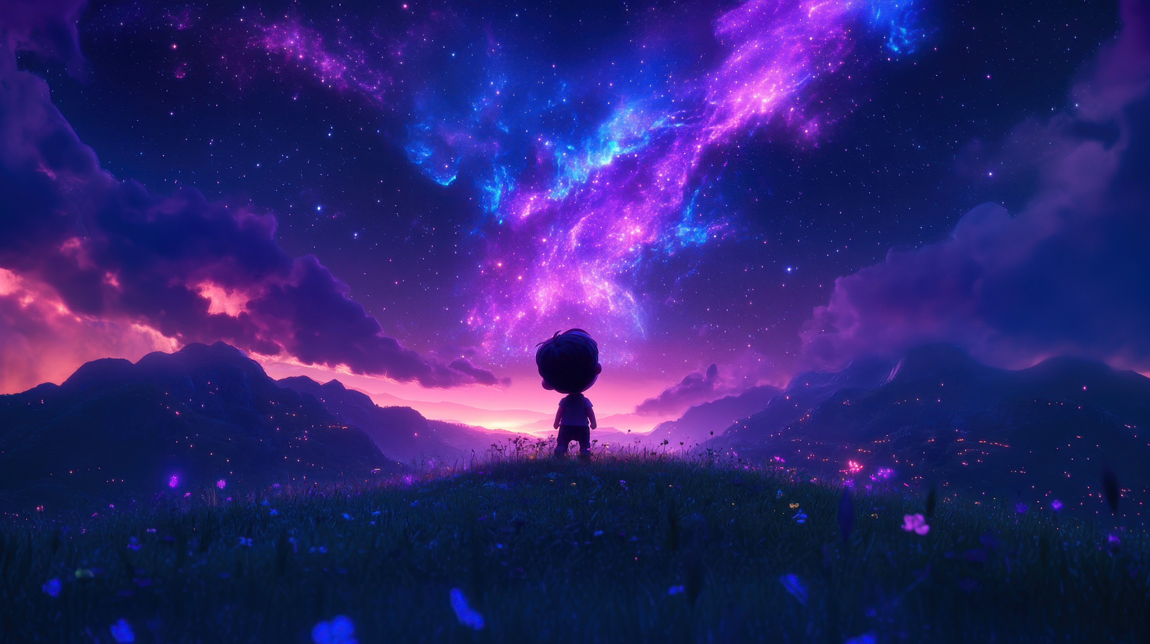 A lone figure gazes at a vibrant nebula in the night sky HD Wallpaper