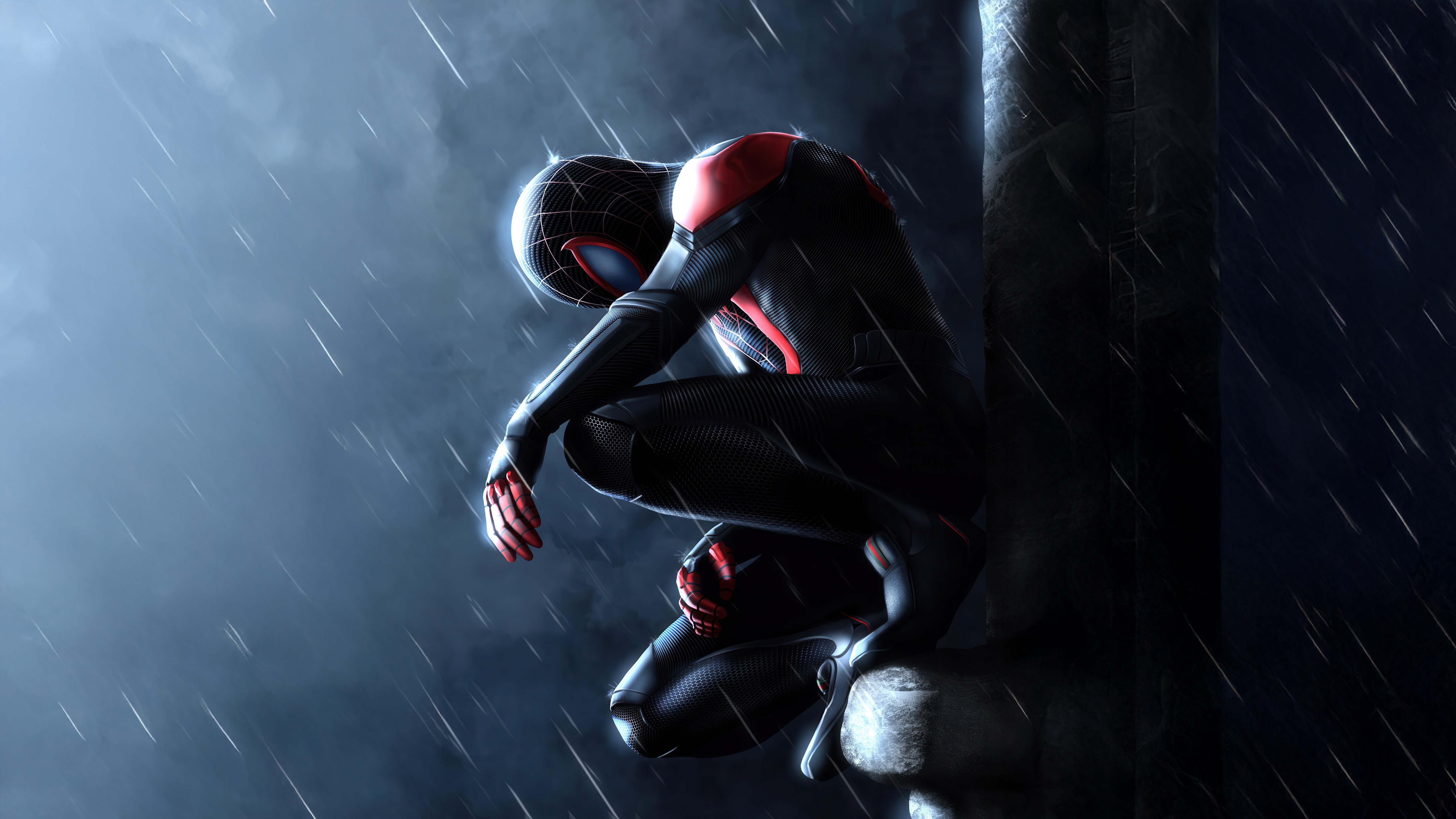 Spider-Man crouching in the rain HD Wallpaper