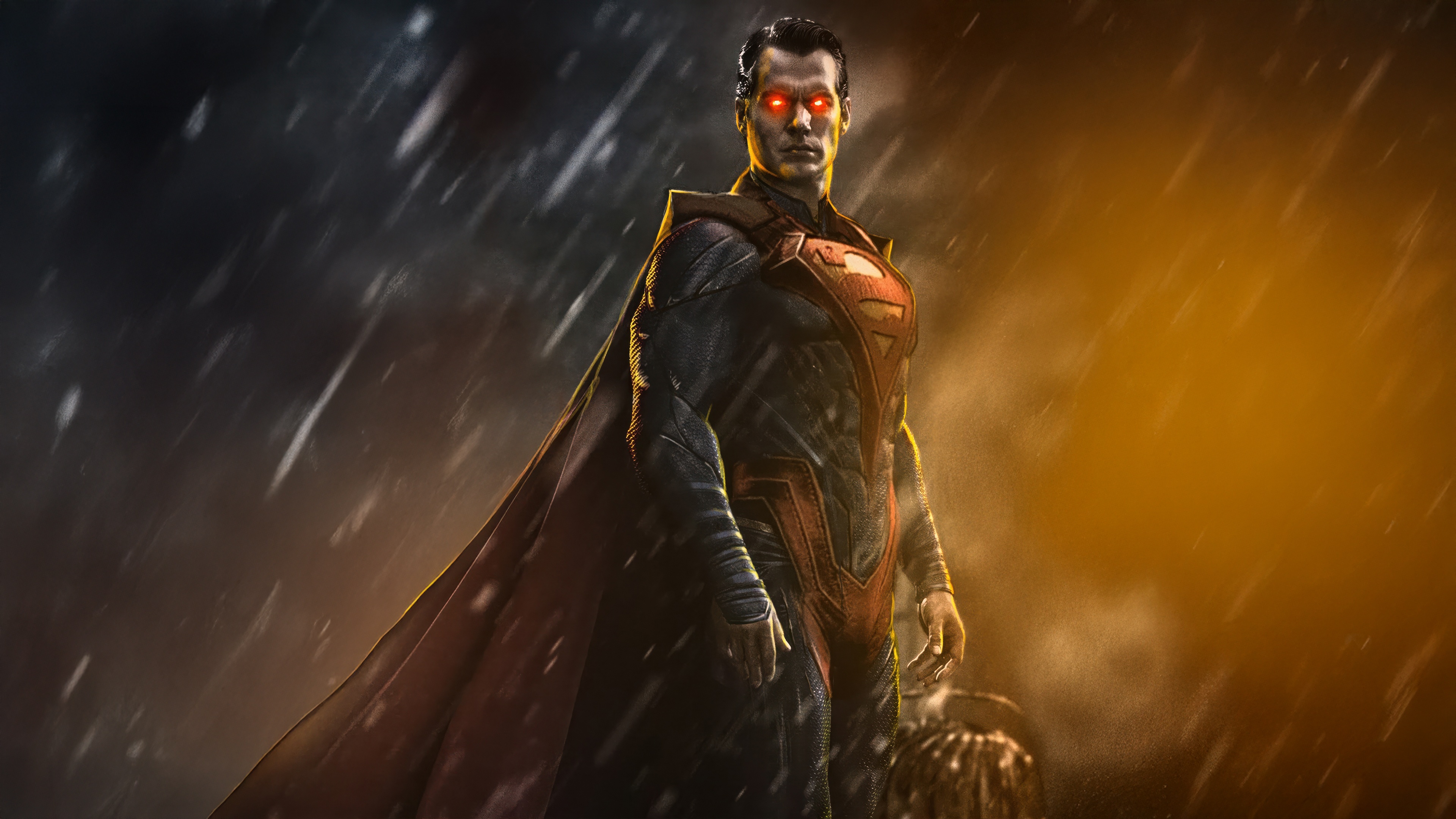 Superman with glowing red eyes in the rain HD Wallpaper