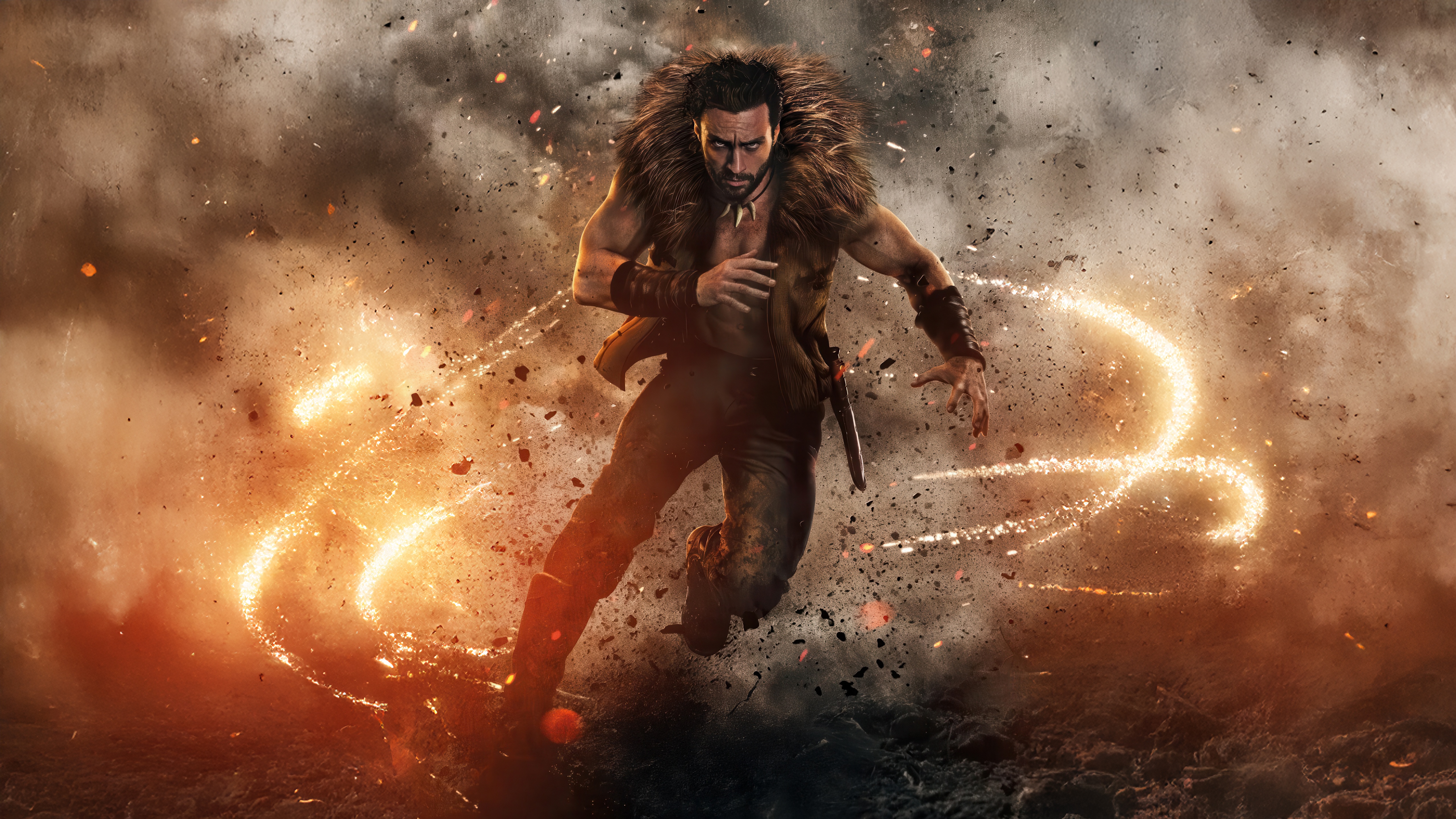 Kraven The Hunter Running Amidst Explosions HD Wallpaper