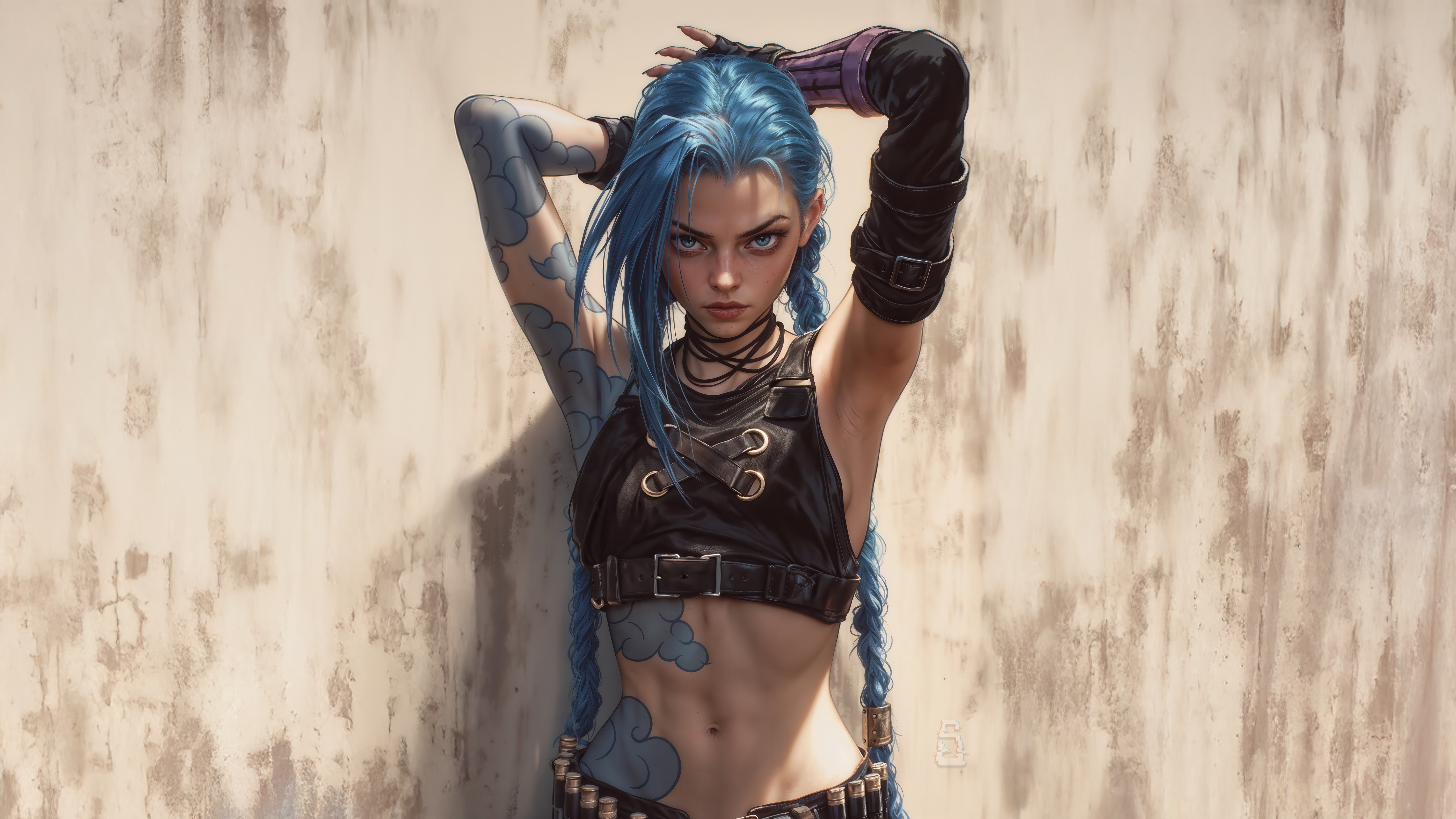 Jinx with blue hair and tattoos HD Wallpaper