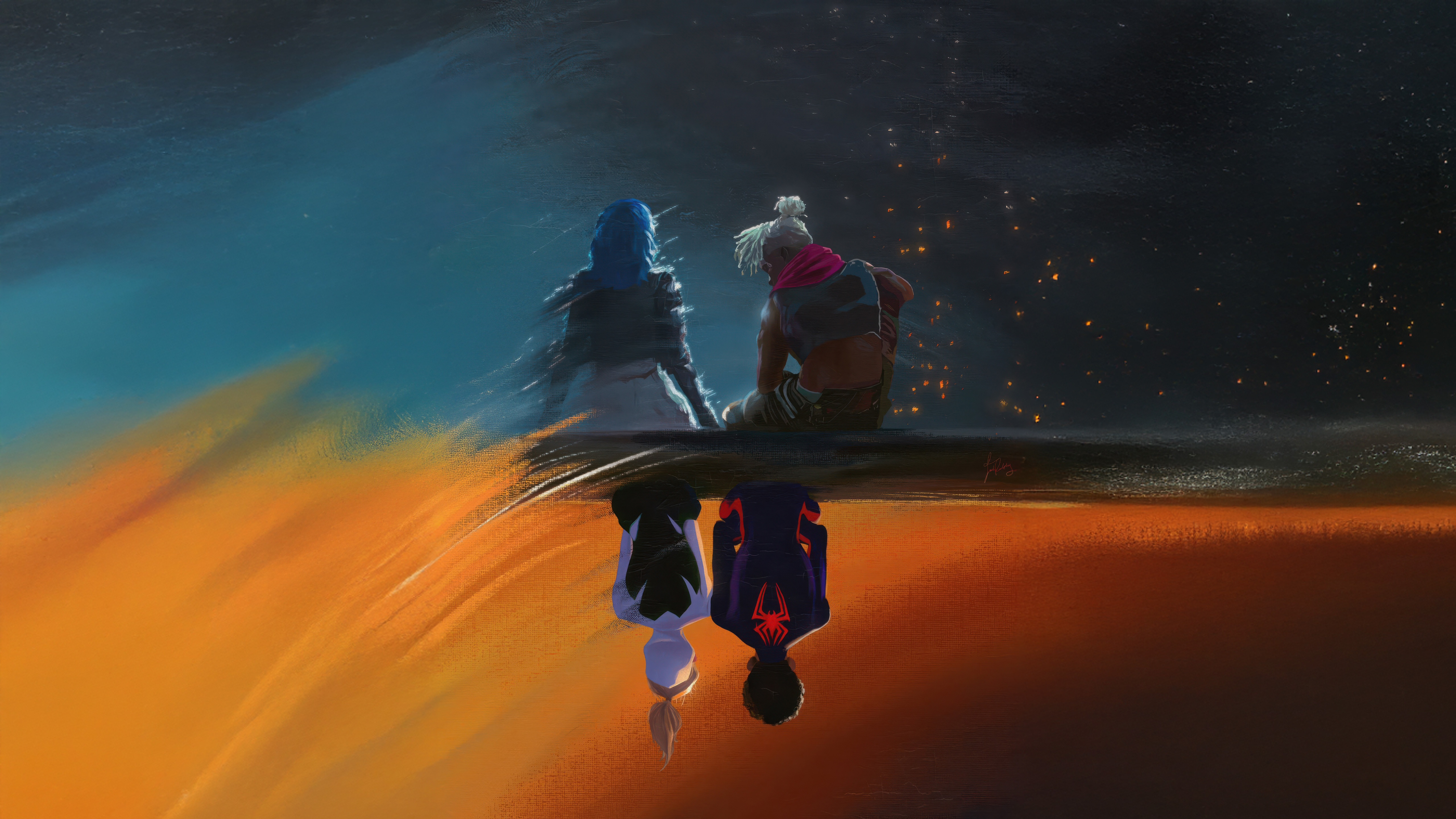 Arcane and Spider-Verse characters sit on a ledge HD Wallpaper