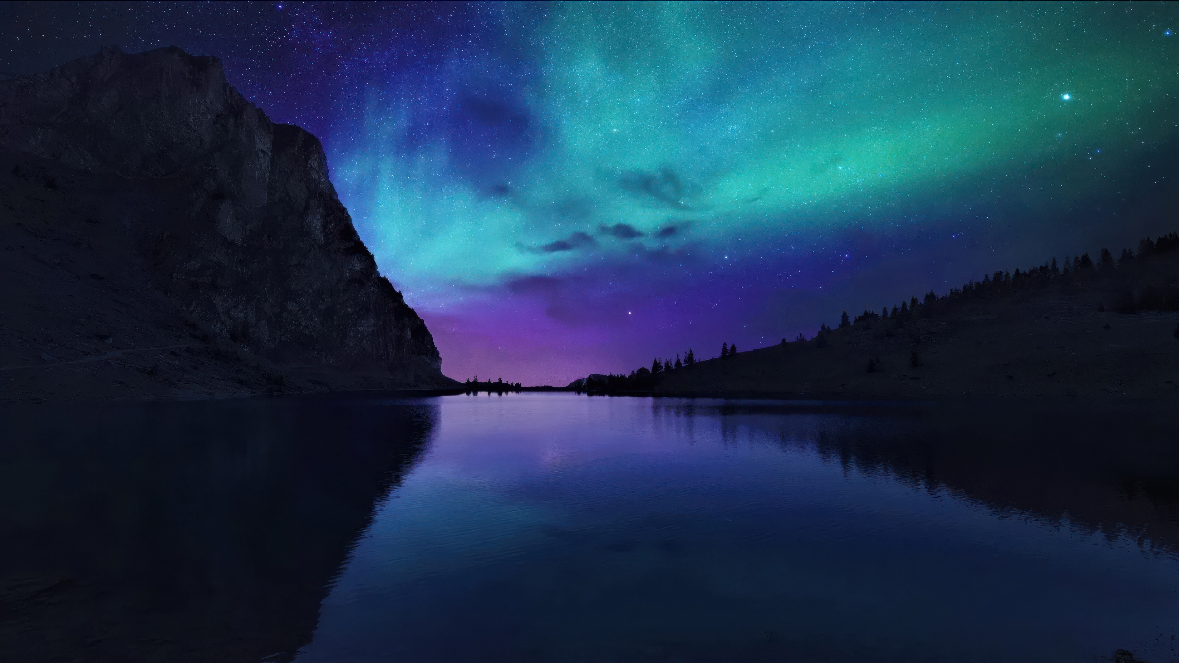 Aurora Borealis over a mountain lake HD Wallpaper