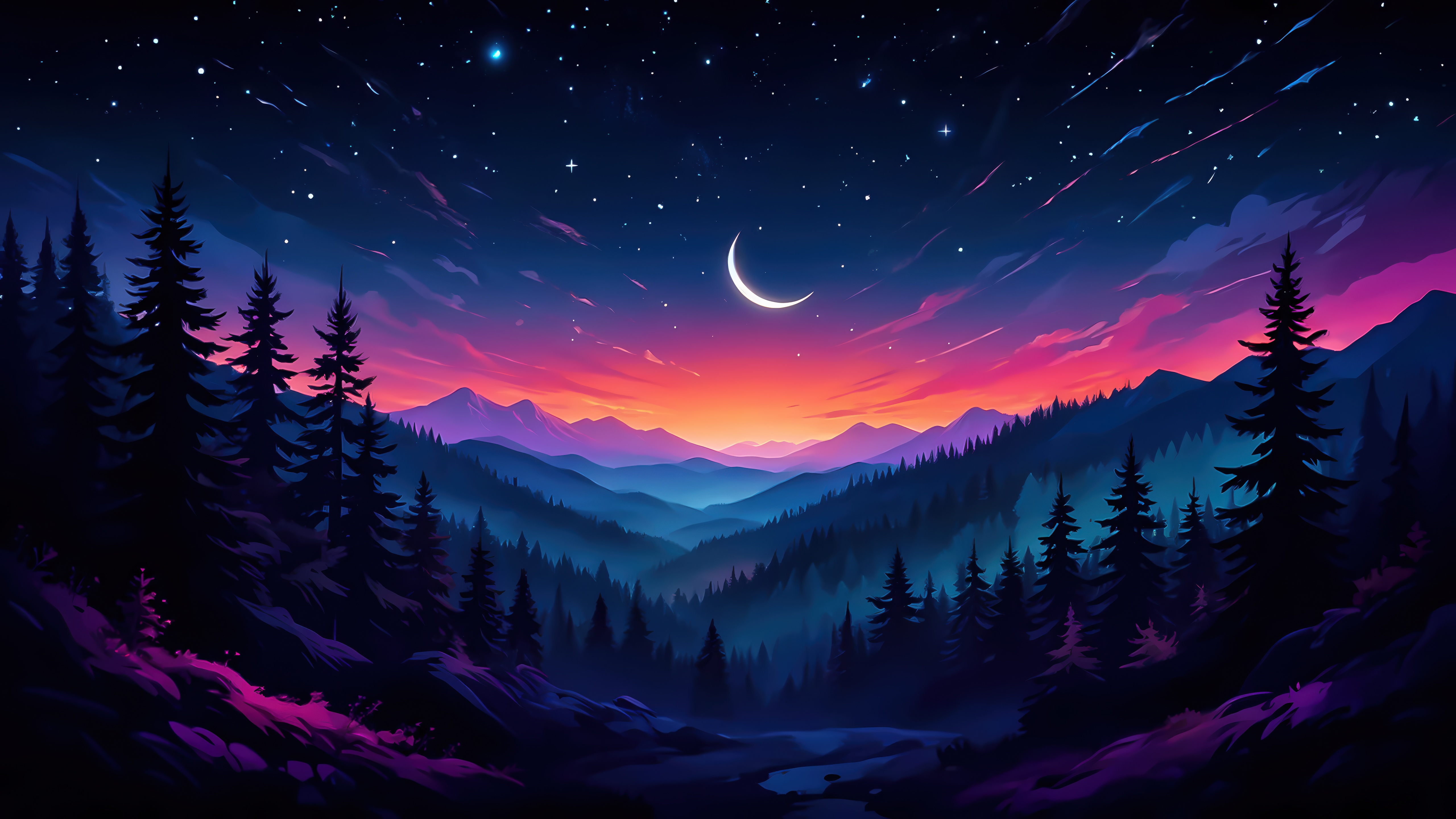 Night sky over mountains with crescent moon HD Wallpaper