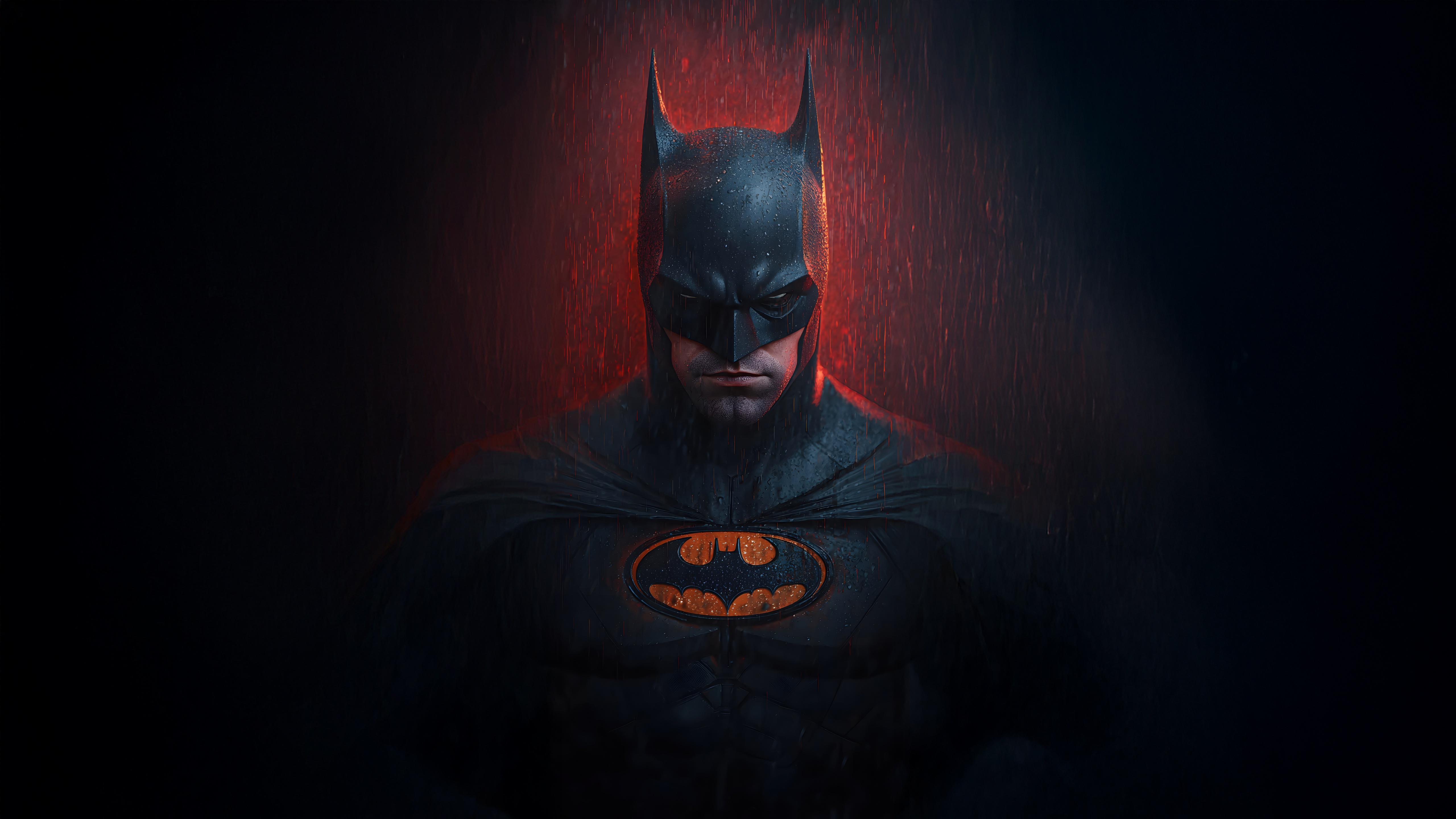 Batman in a black suit with orange emblem HD Wallpaper