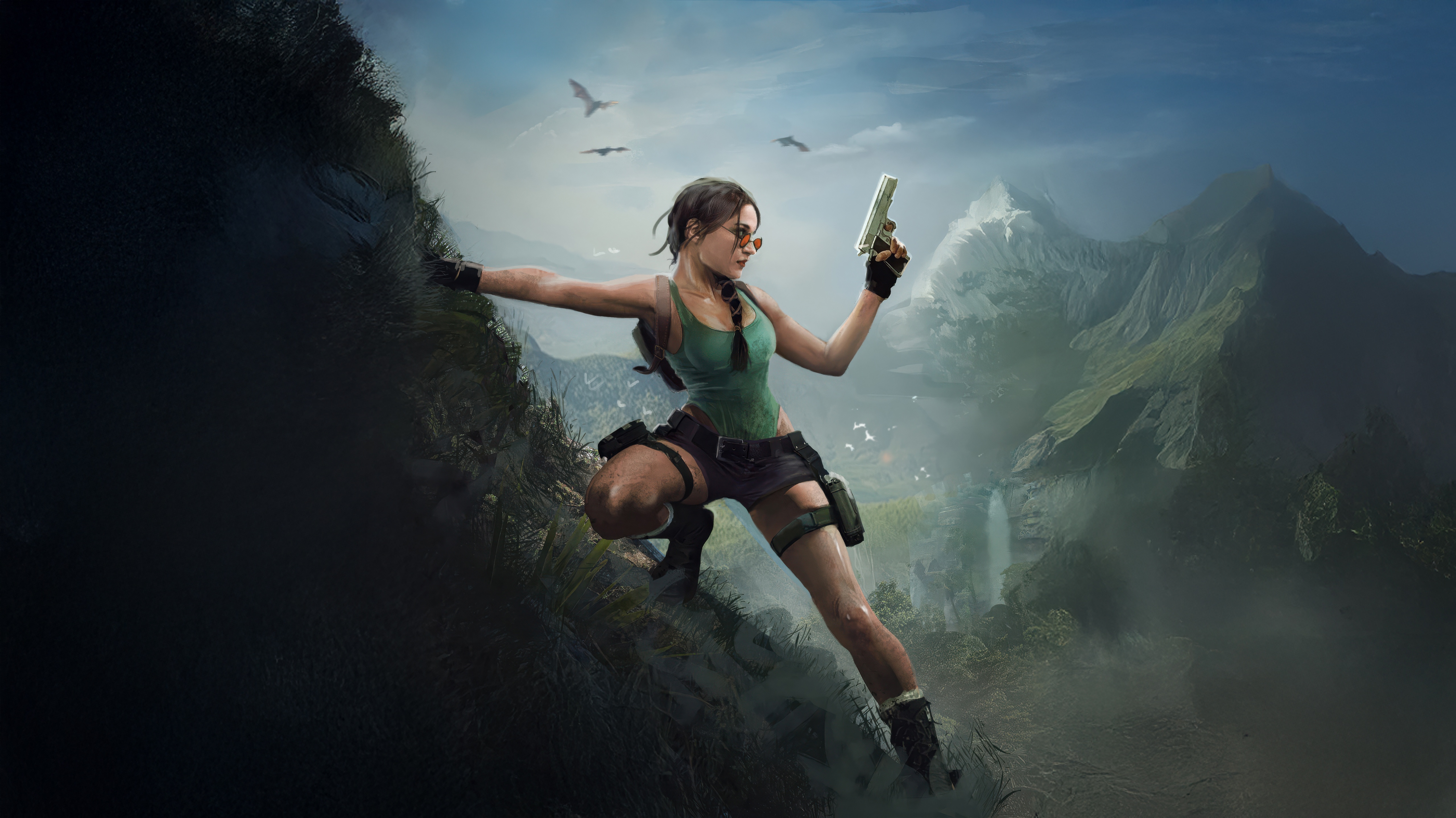 Lara Croft exploring a mountainous landscape with a gun HD Wallpaper