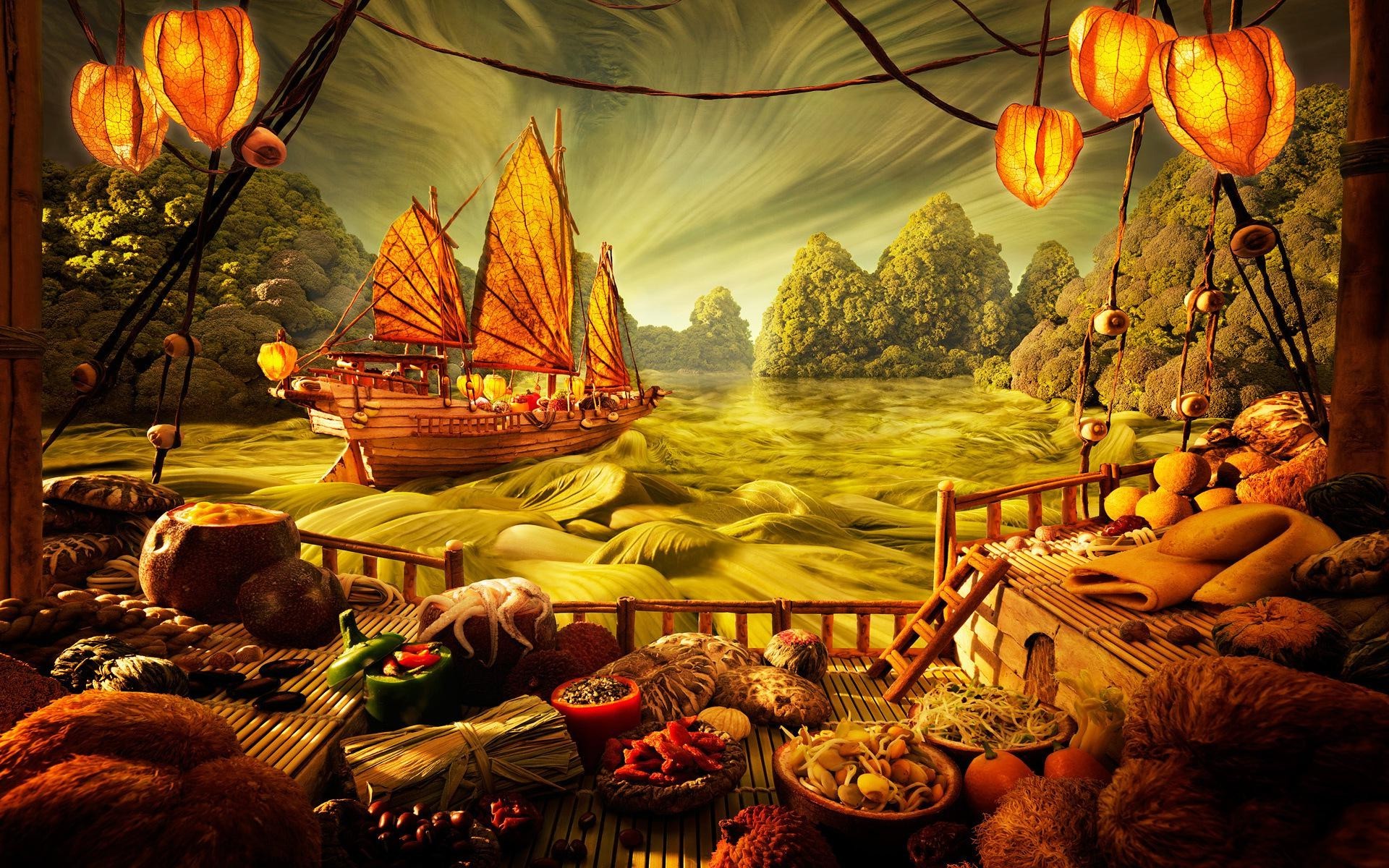 Fantasy boat with food and lanterns HD Wallpaper