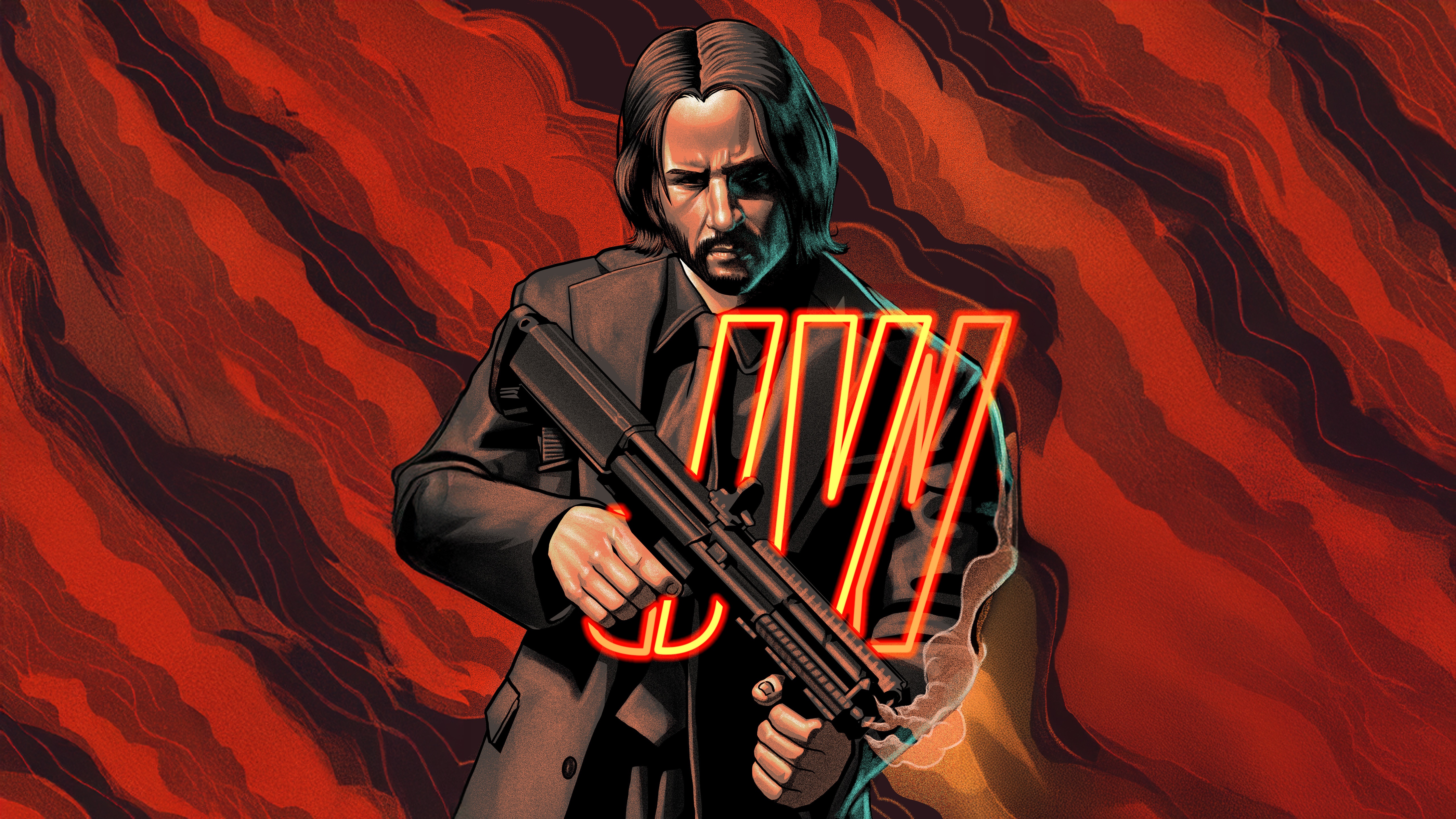 John Wick with Shotgun and Neon Text HD Wallpaper