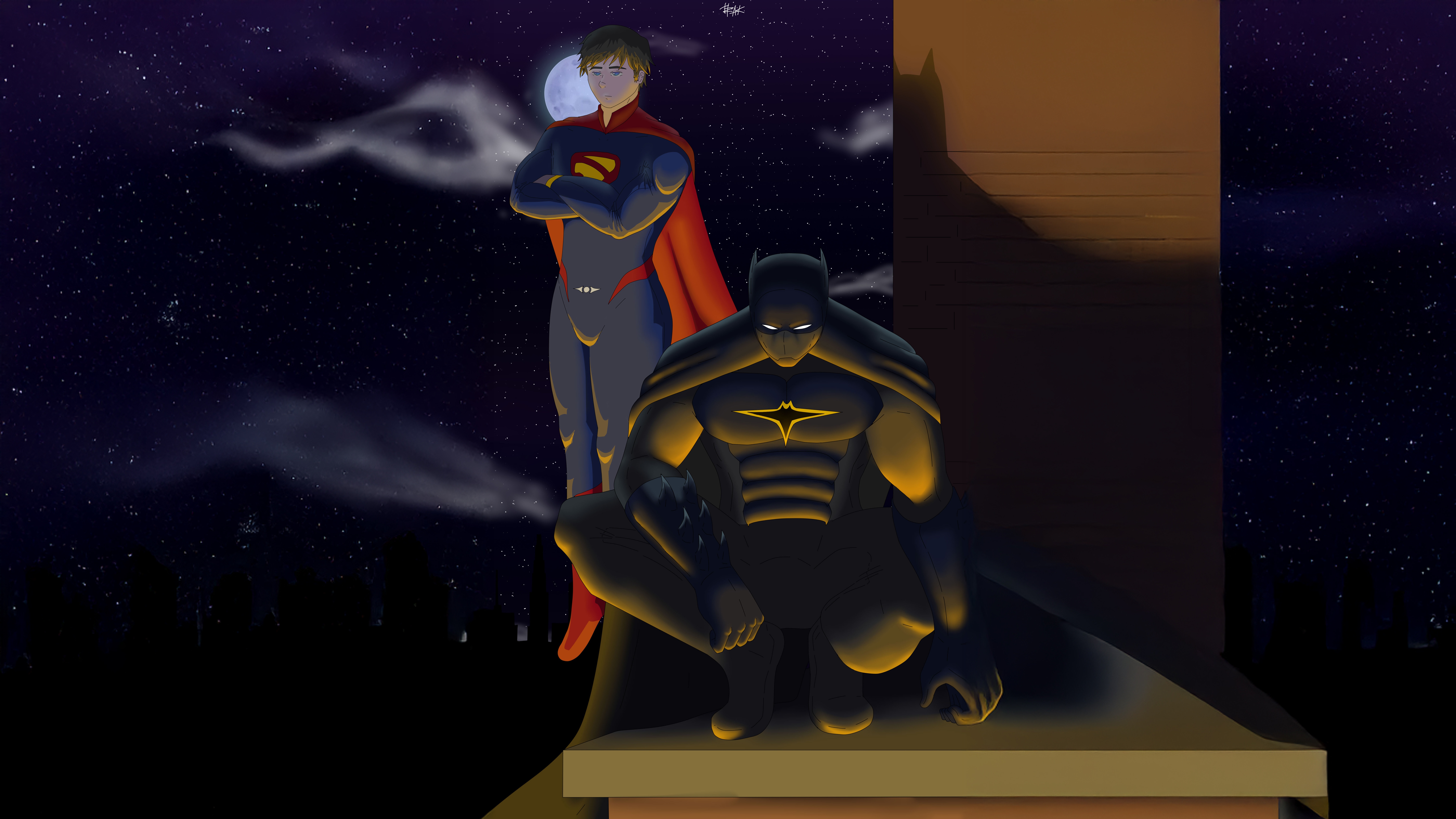 Batman and Superman on a rooftop at night HD Wallpaper