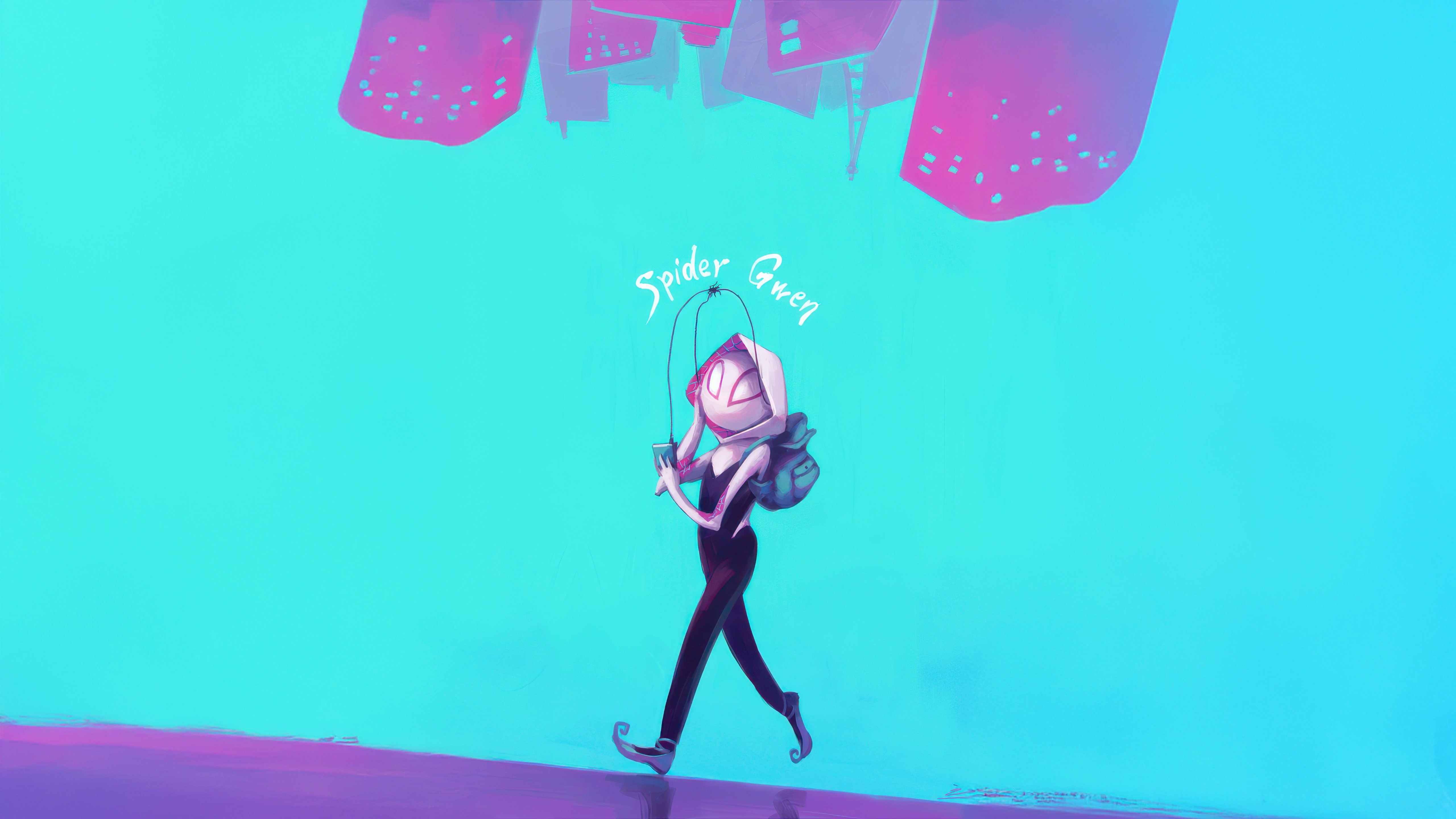 Spider-Gwen jumping rope with upside down city background HD Wallpaper
