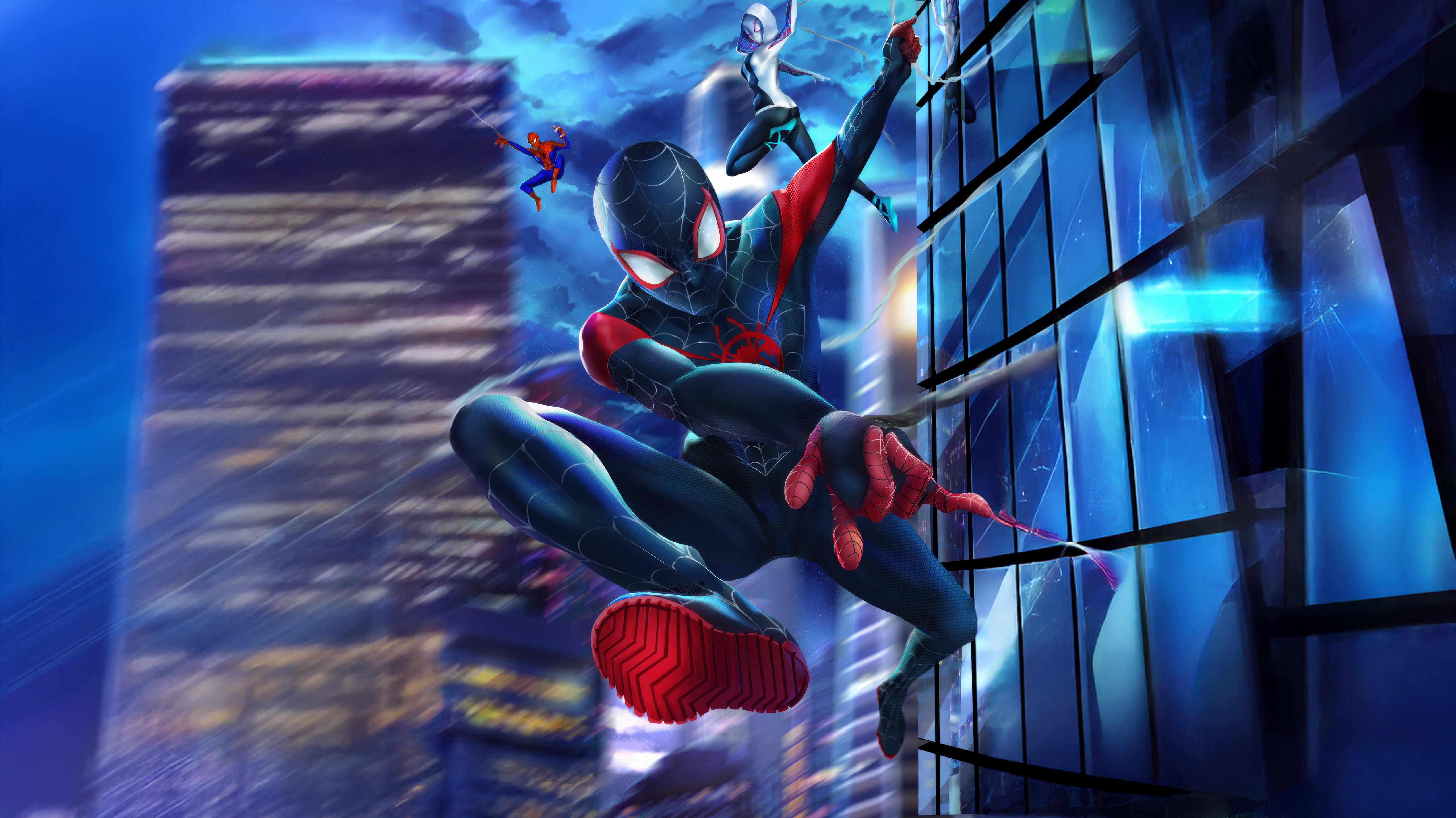 Spider-Man, Spider-Gwen, and Spider-Man 2099 in the City HD Wallpaper