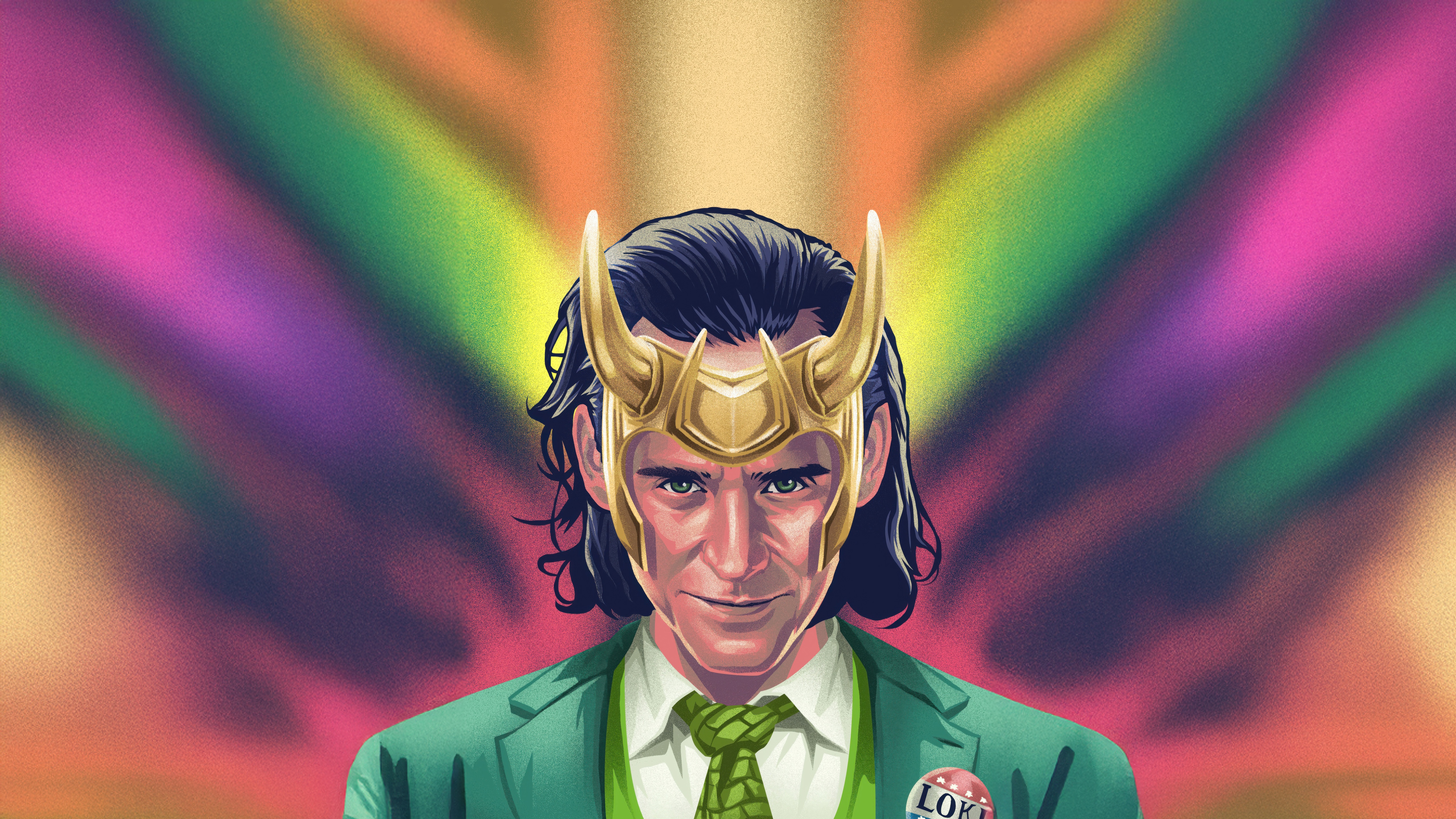 Loki wearing his golden horns and green suit HD Wallpaper