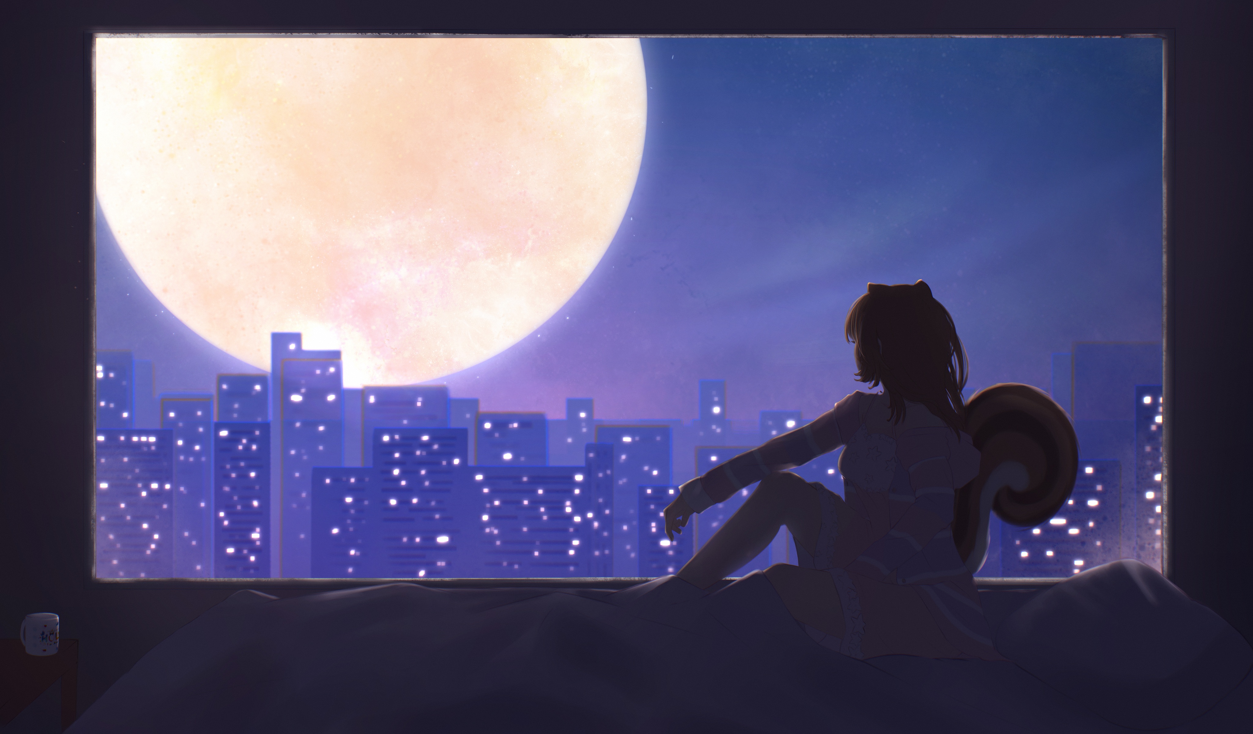 Girl with tail looking at the moonlit city HD Wallpaper