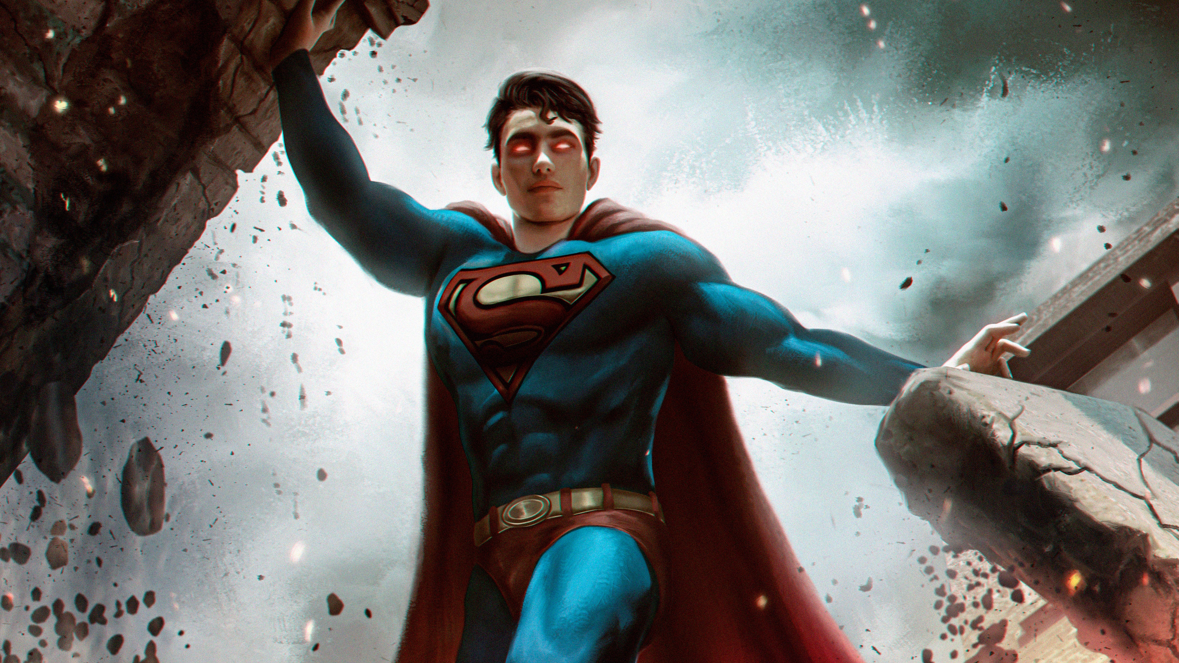 Superman holding up debris with glowing red eyes HD Wallpaper