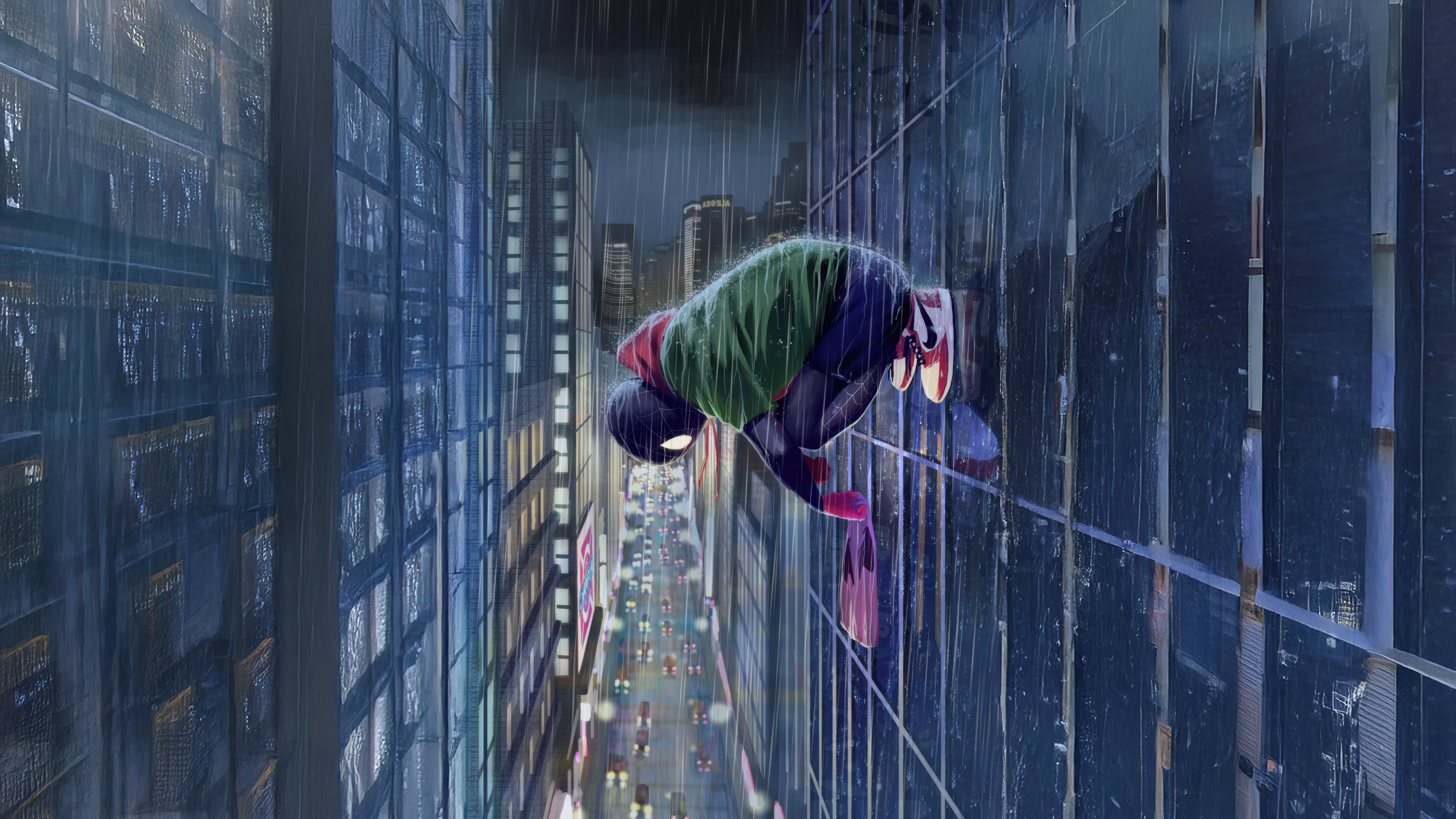 Miles Morales hanging on a building in the rain HD Wallpaper