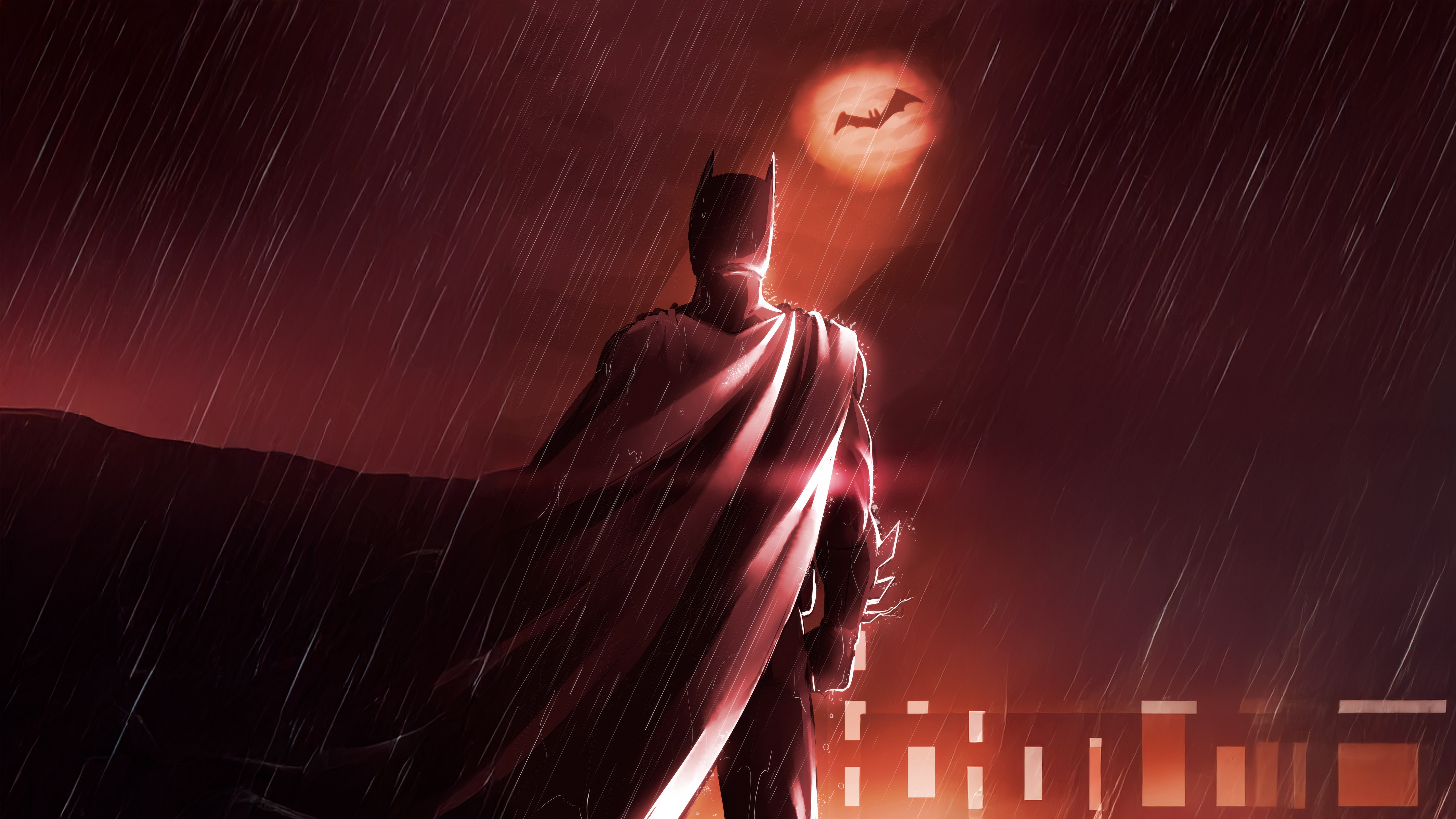Batman in the Rain with Bat-Signal HD Wallpaper