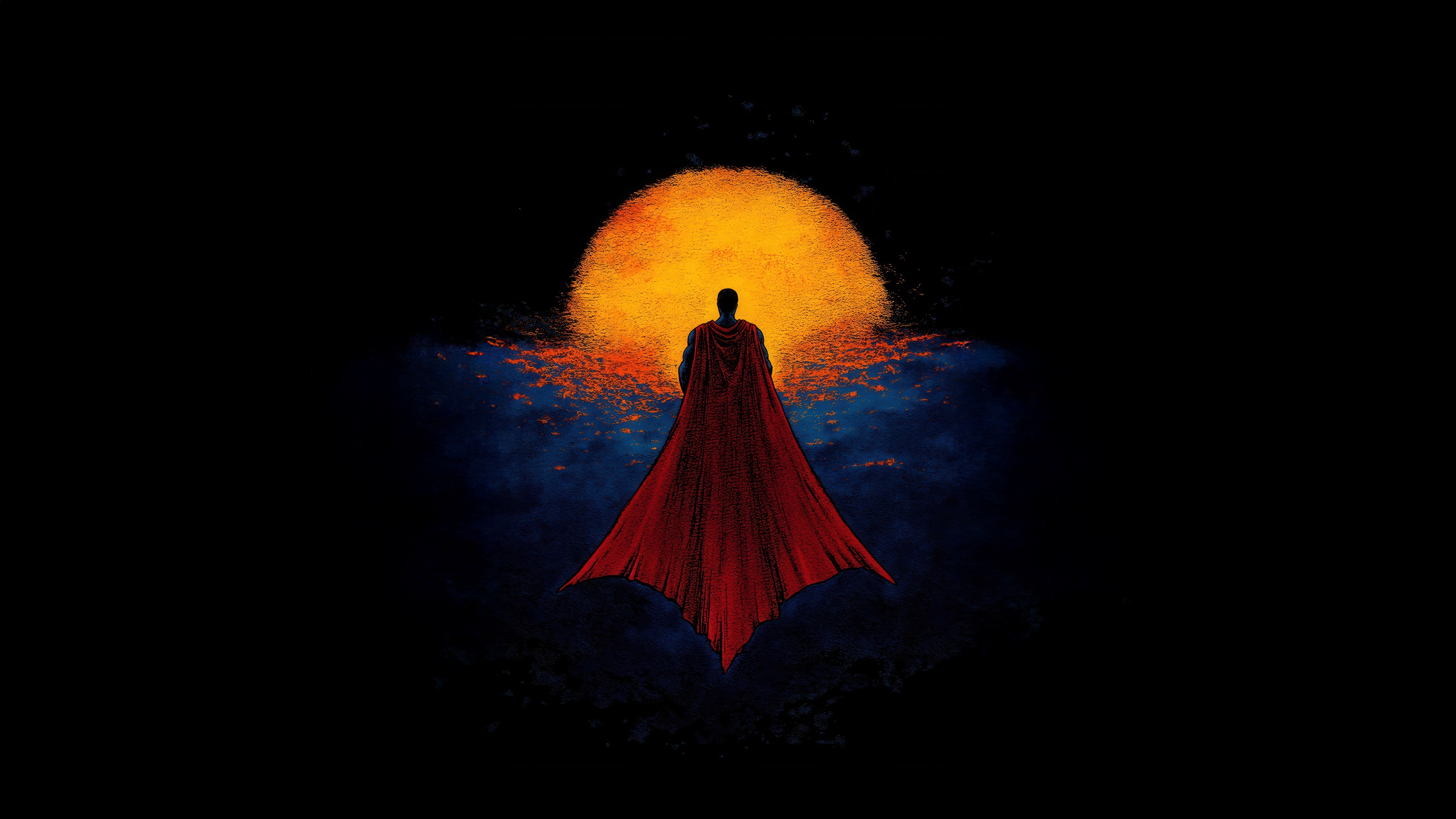 Superman standing in front of a large orange sun HD Wallpaper