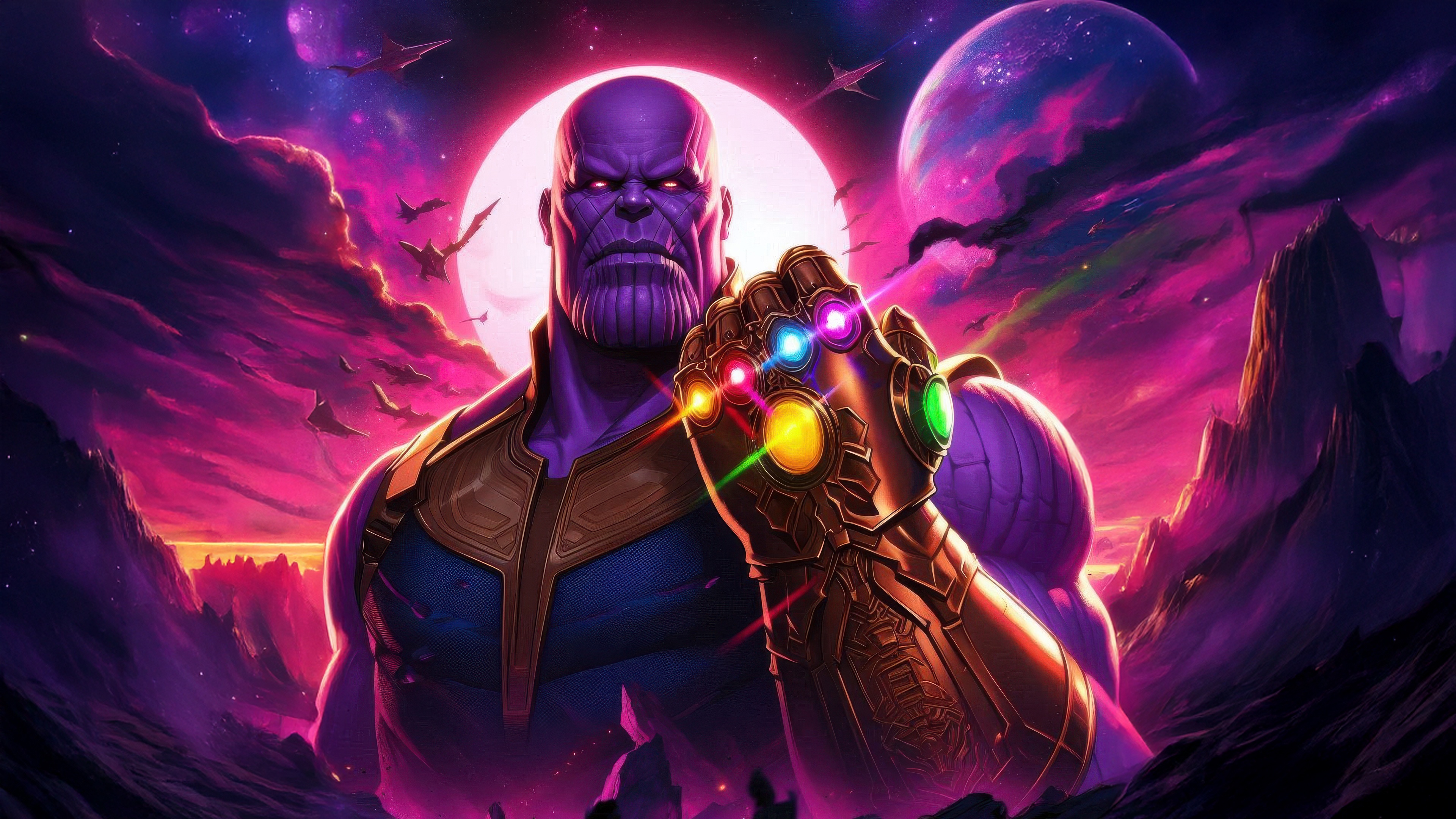 Thanos with the Infinity Gauntlet in a cosmic landscape HD Wallpaper