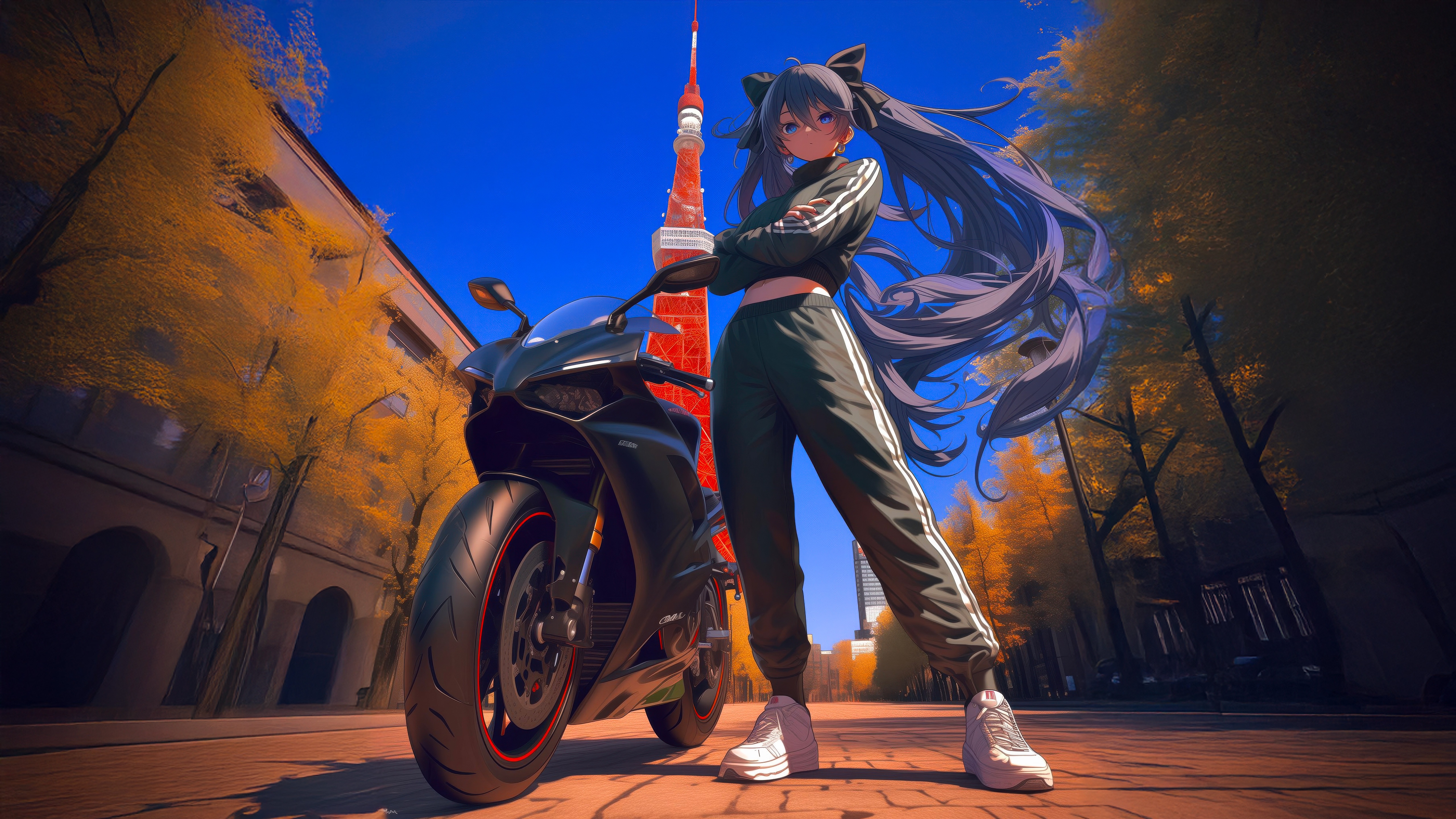 Anime girl with motorcycle in front of Tokyo Tower HD Wallpaper
