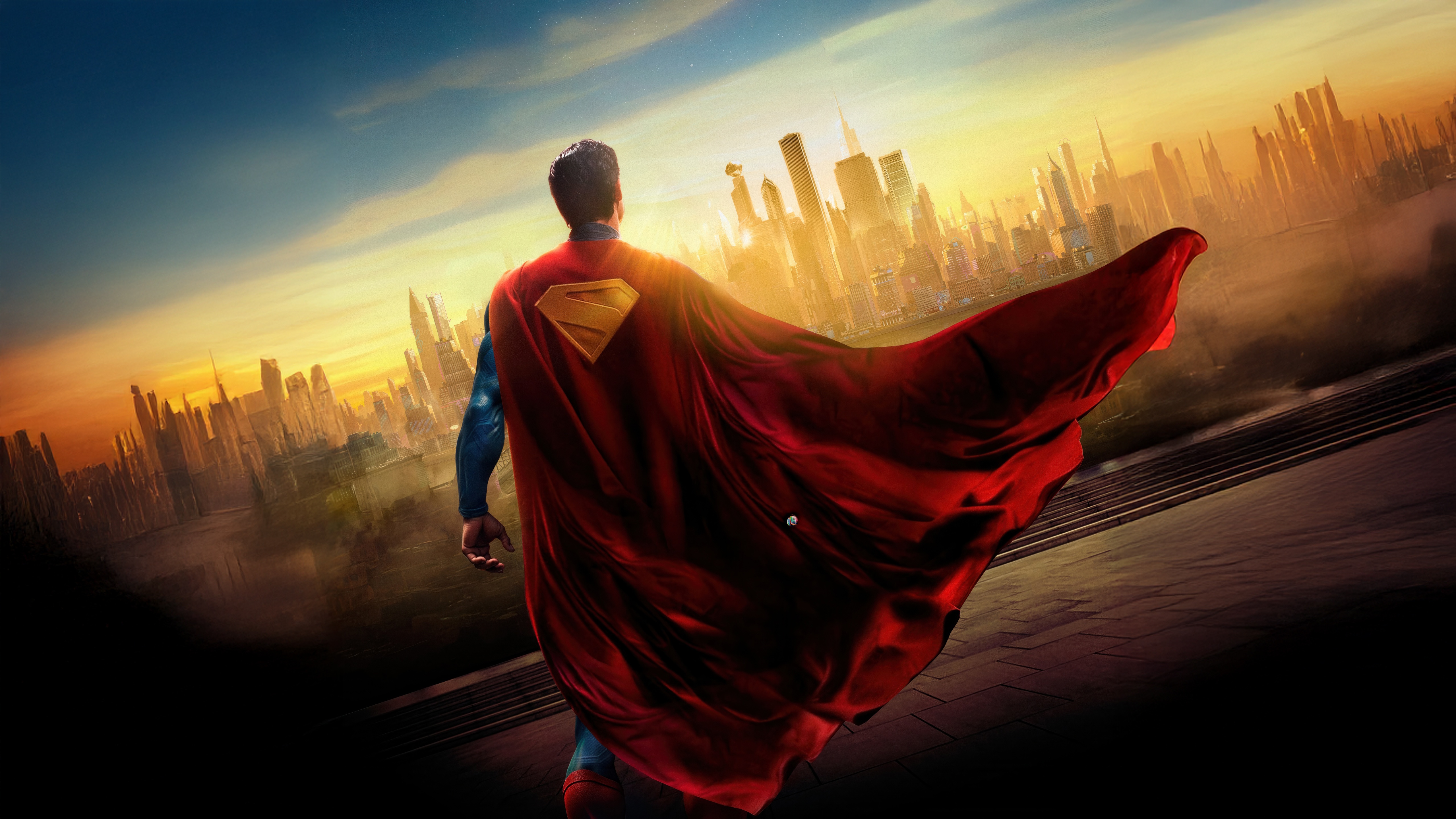 Superman watches over a futuristic city at sunset HD Wallpaper