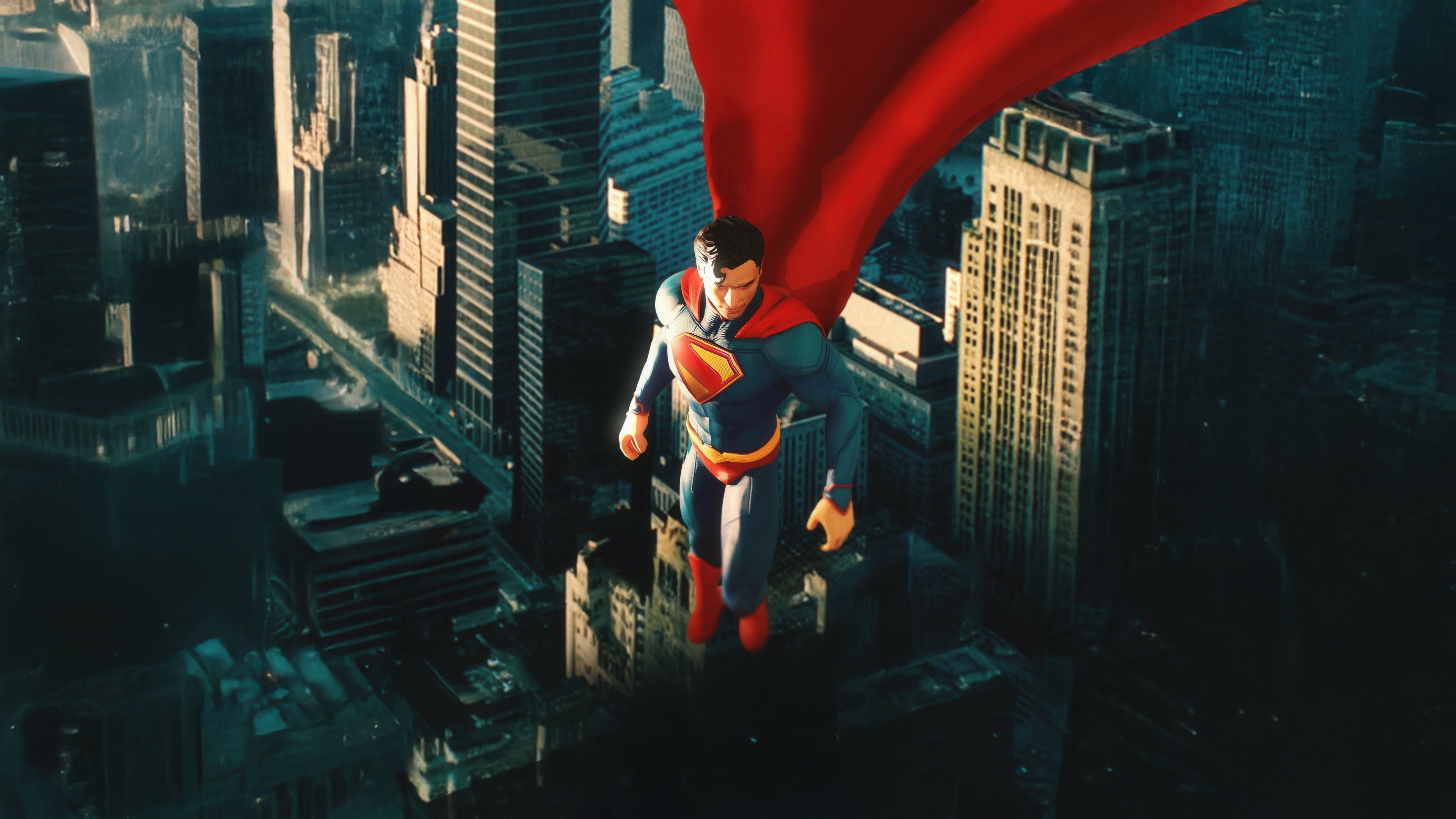 Superman flying over a city with his cape HD Wallpaper