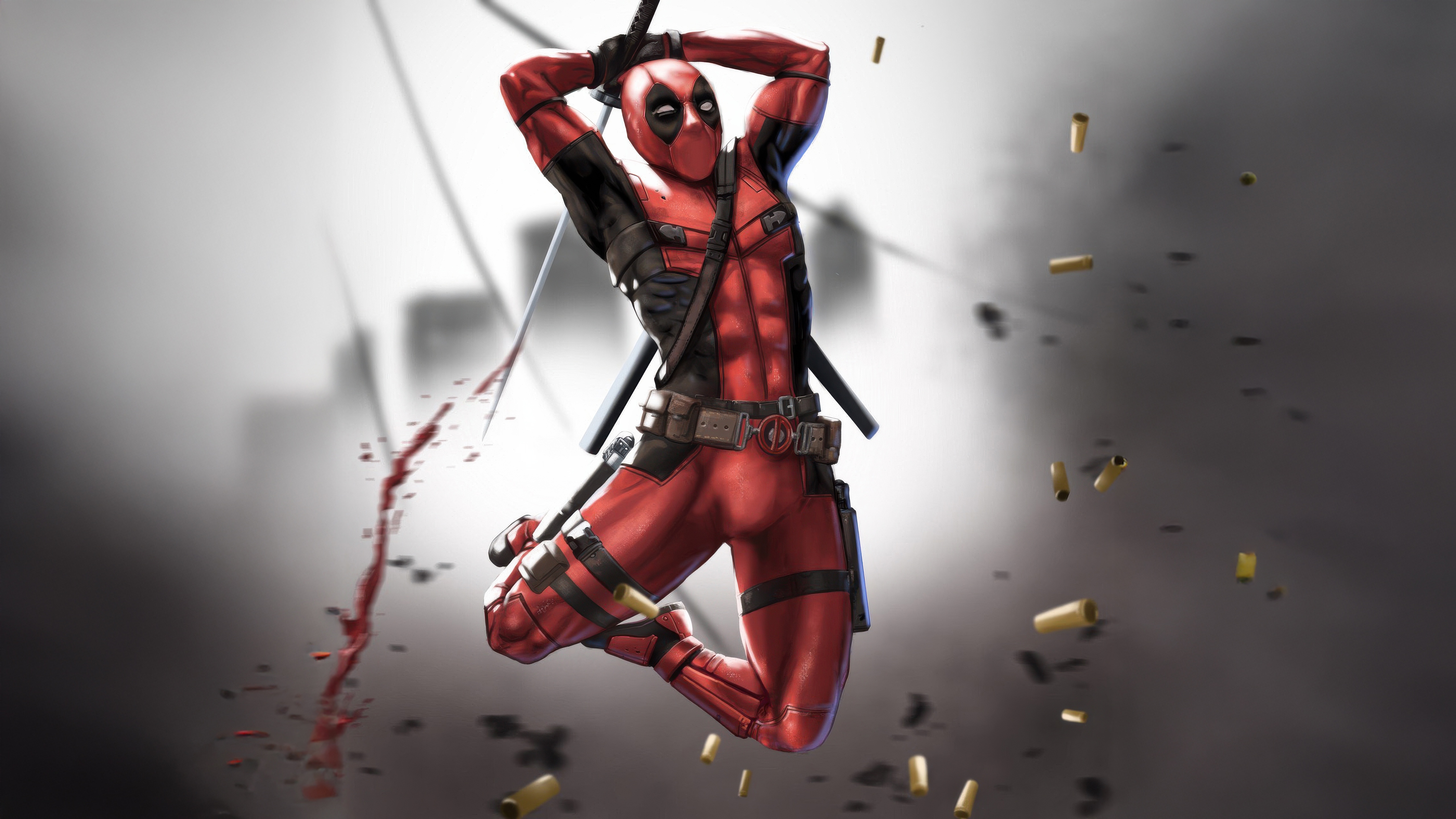 Deadpool in Action with Swords and Bullets HD Wallpaper