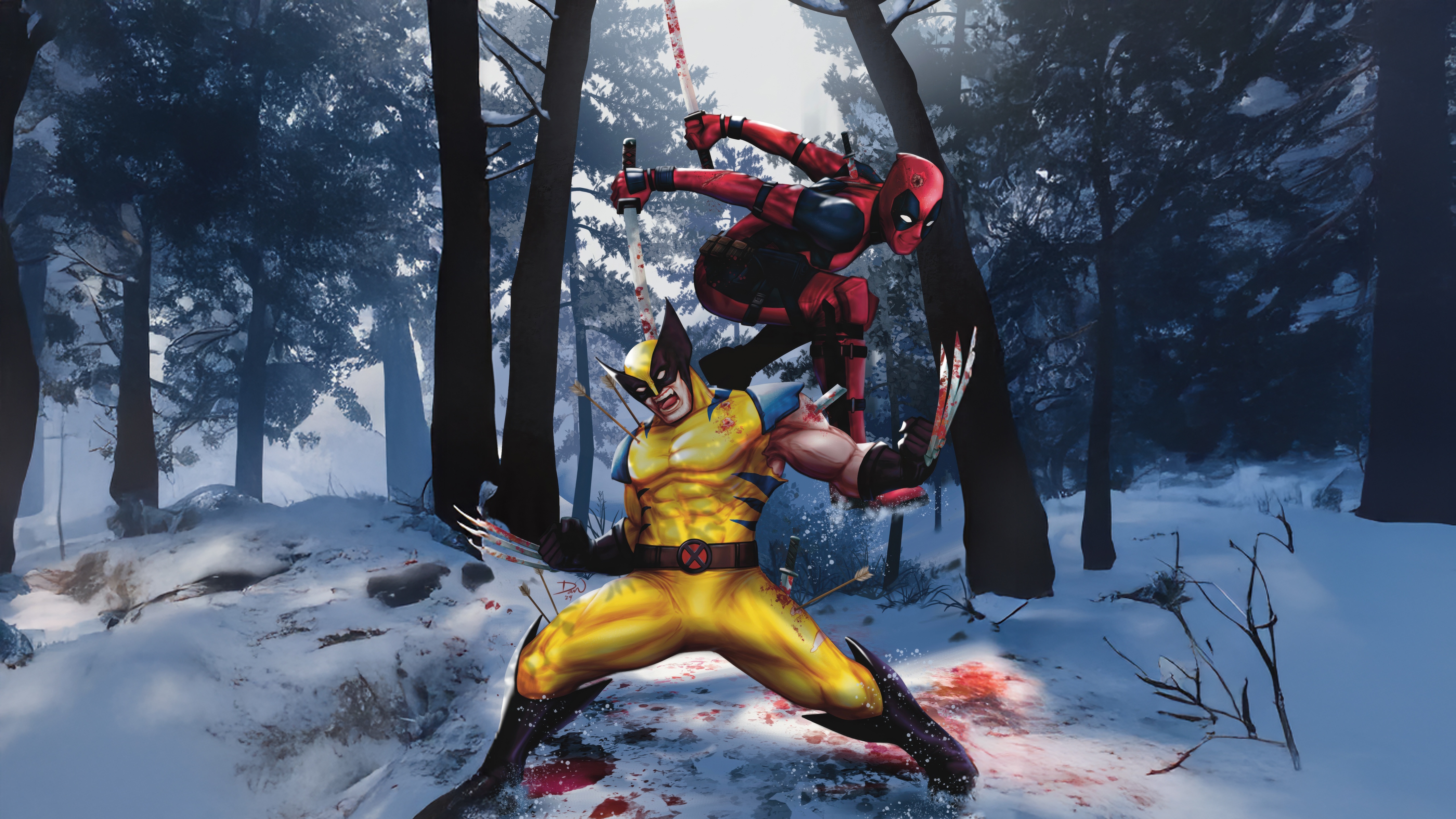 Deadpool and Wolverine fighting in a snowy forest HD Wallpaper