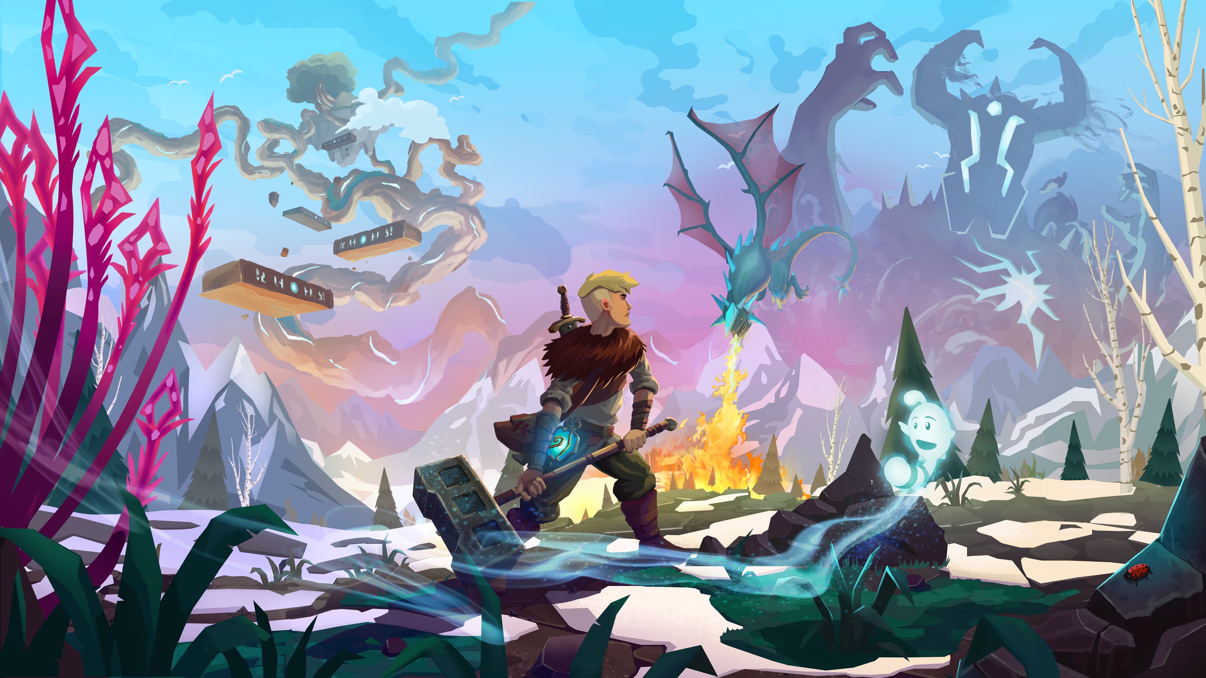 Leif Adventure Netherworld Hero with Dragon and Giant HD Wallpaper