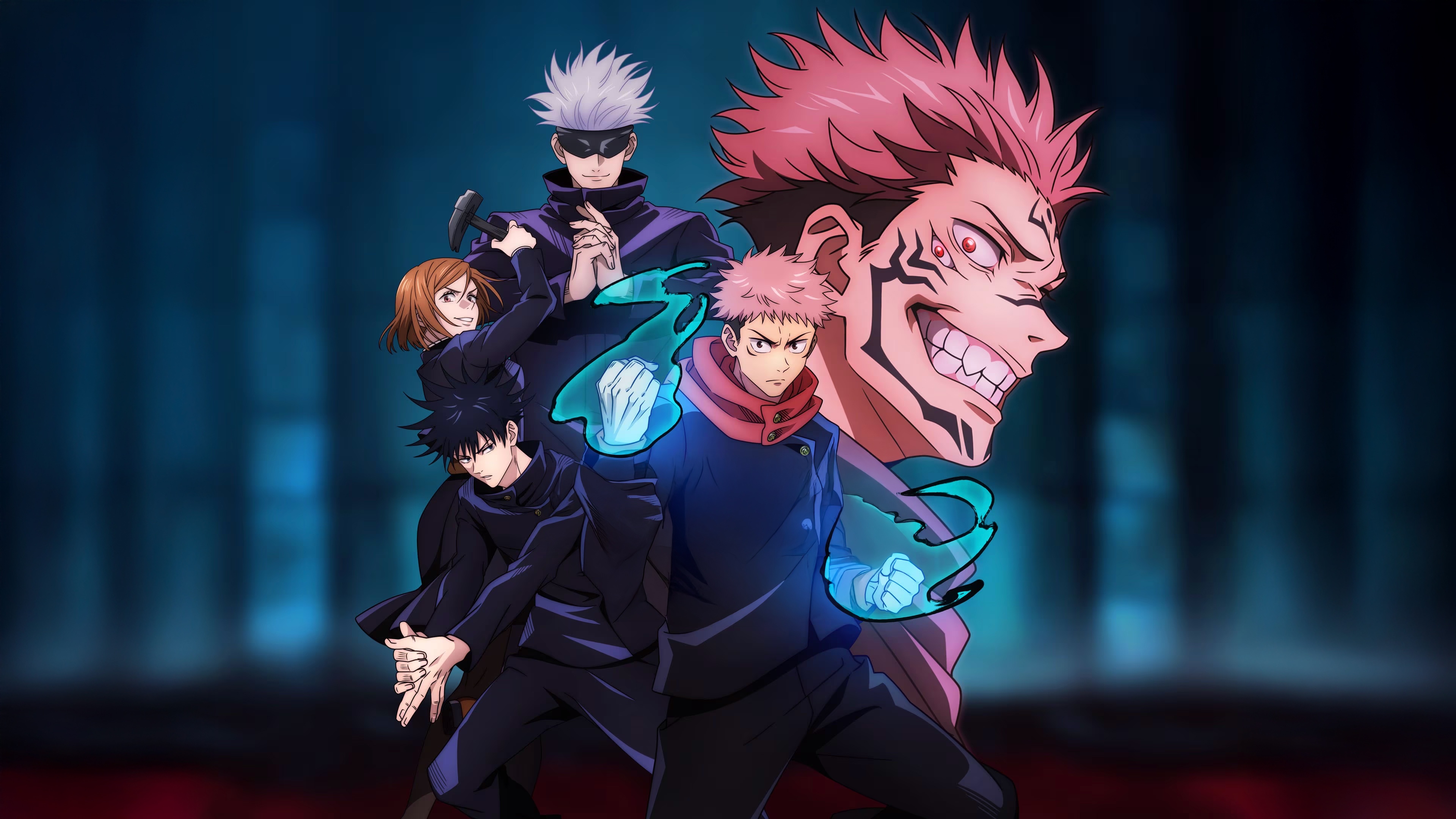 Jujutsu Kaisen Characters Gojo, Itadori, Fushiguro, and Nobara HD Wallpaper