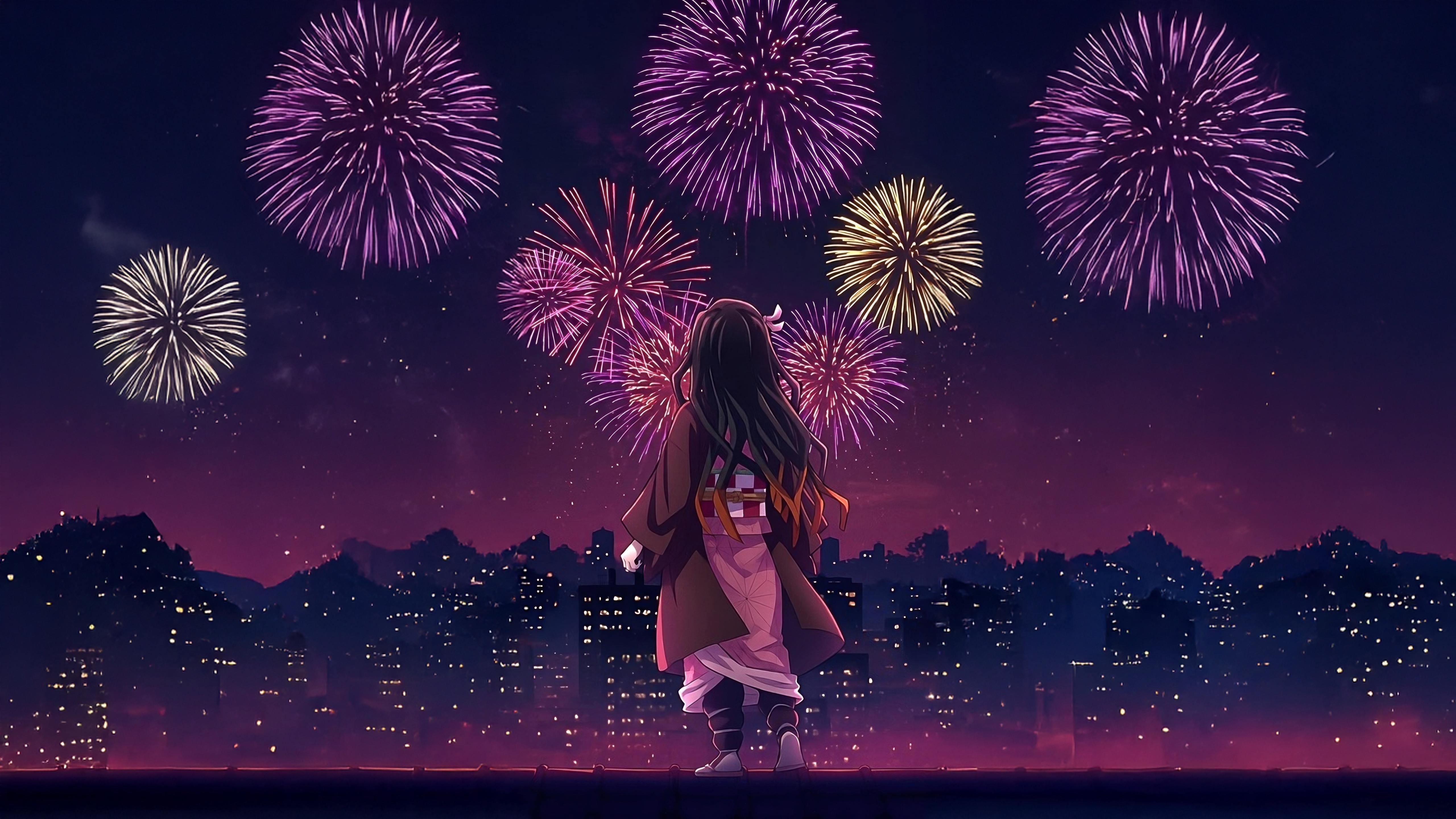 Anime girl watching fireworks over a city HD Wallpaper