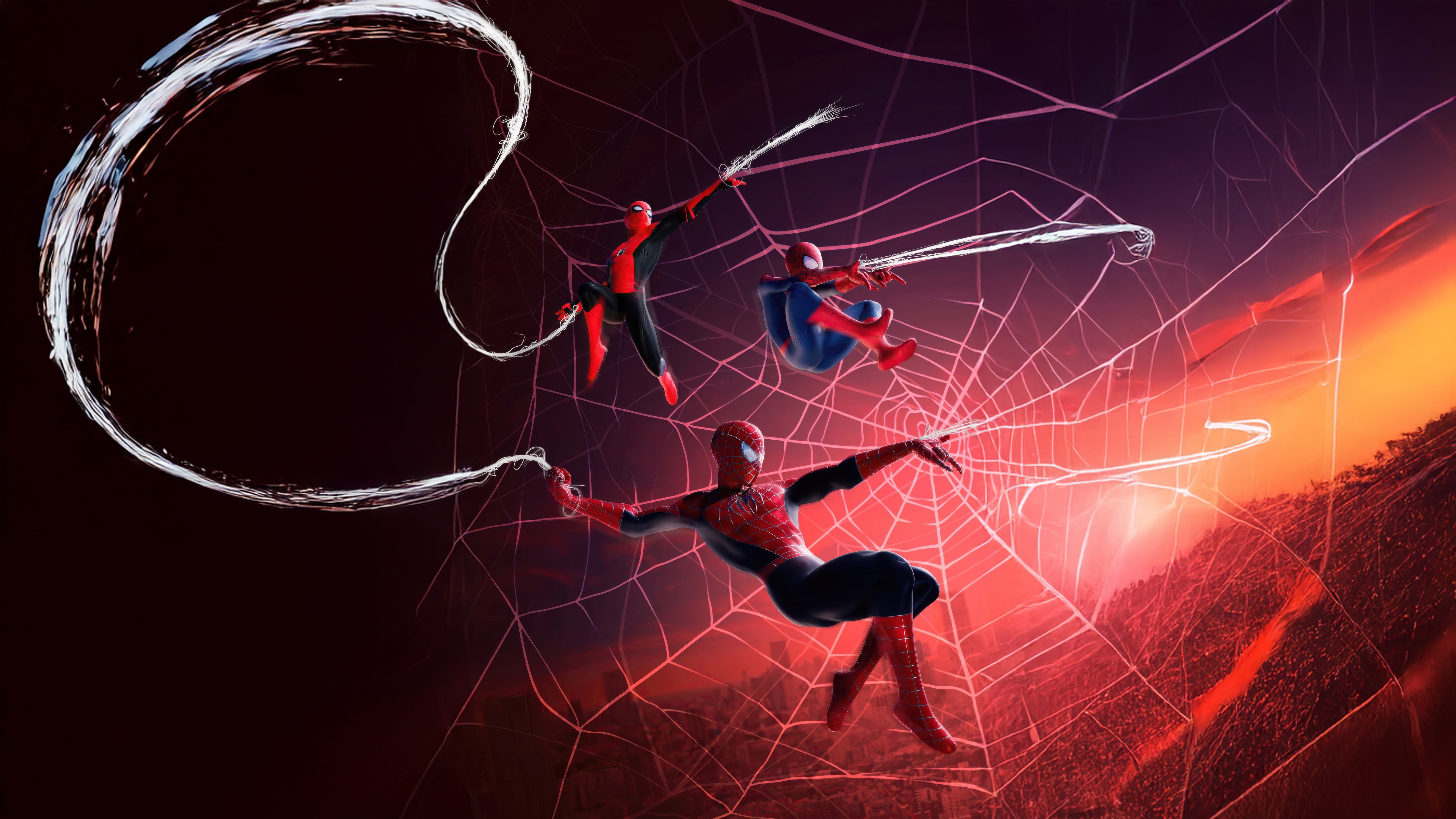 Three Spider-Men on a Spider Web HD Wallpaper