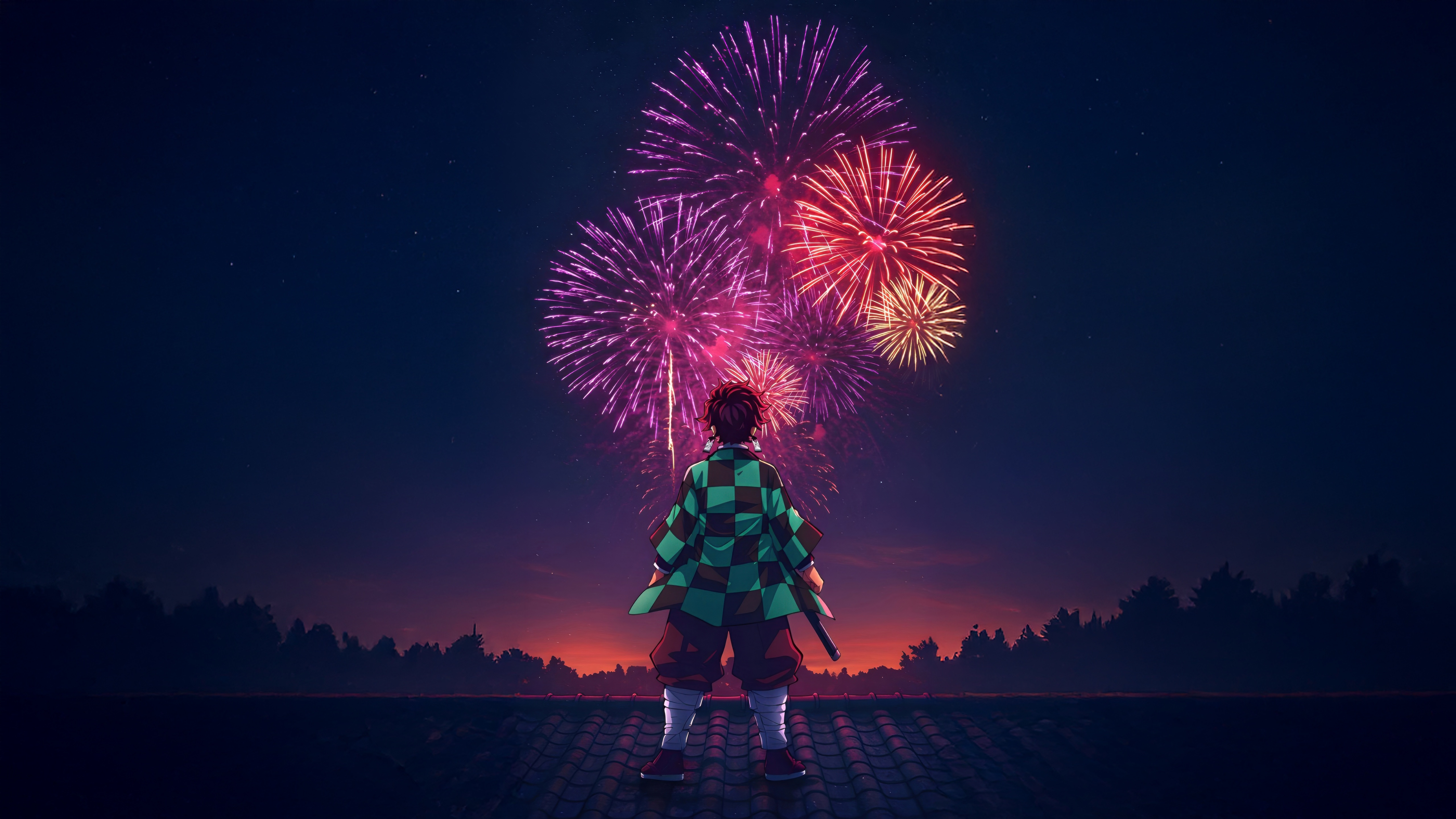 Tanjiro Kamado watches fireworks over a forest HD Wallpaper