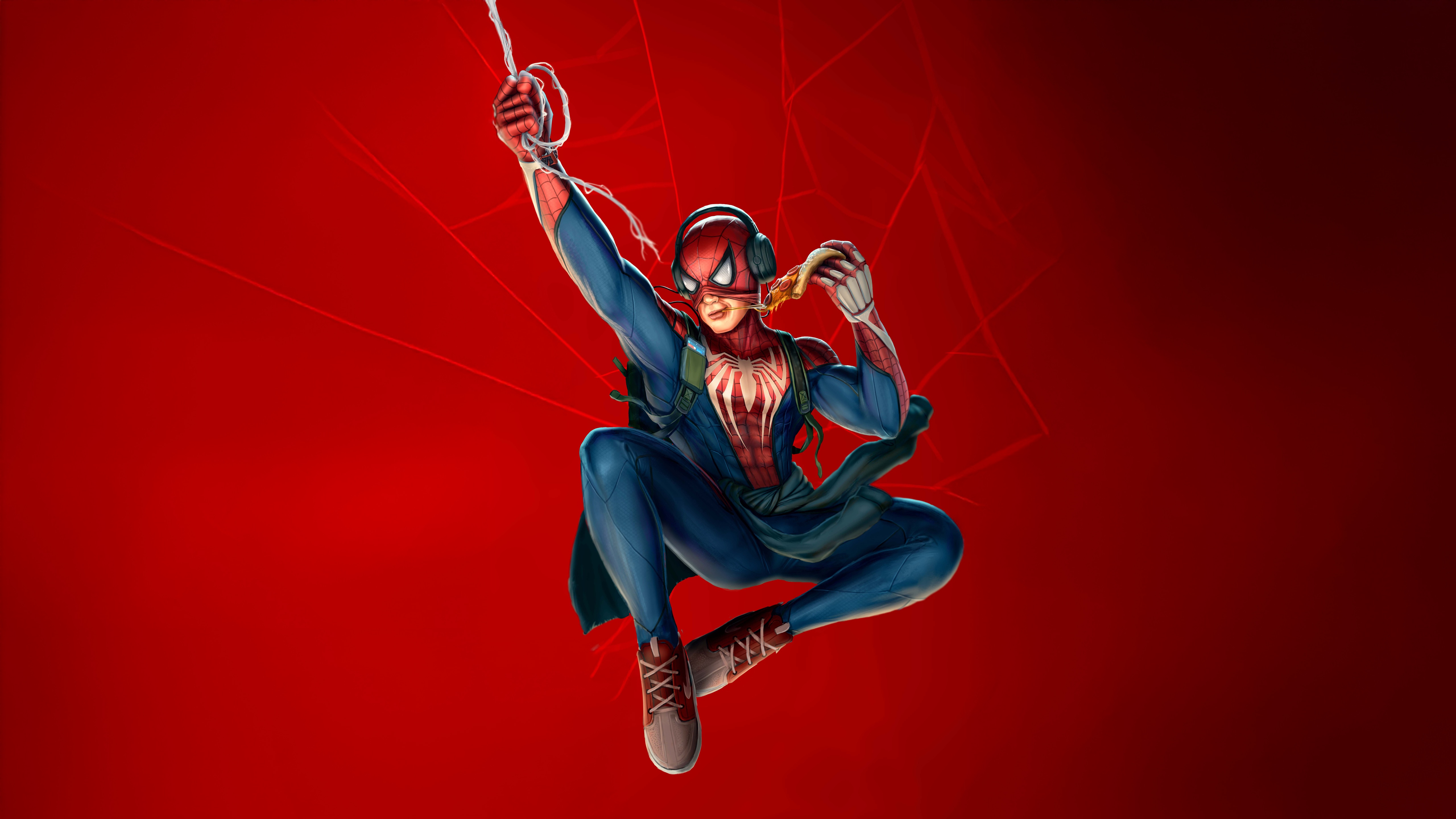 Spider-Man eating pizza while swinging HD Wallpaper