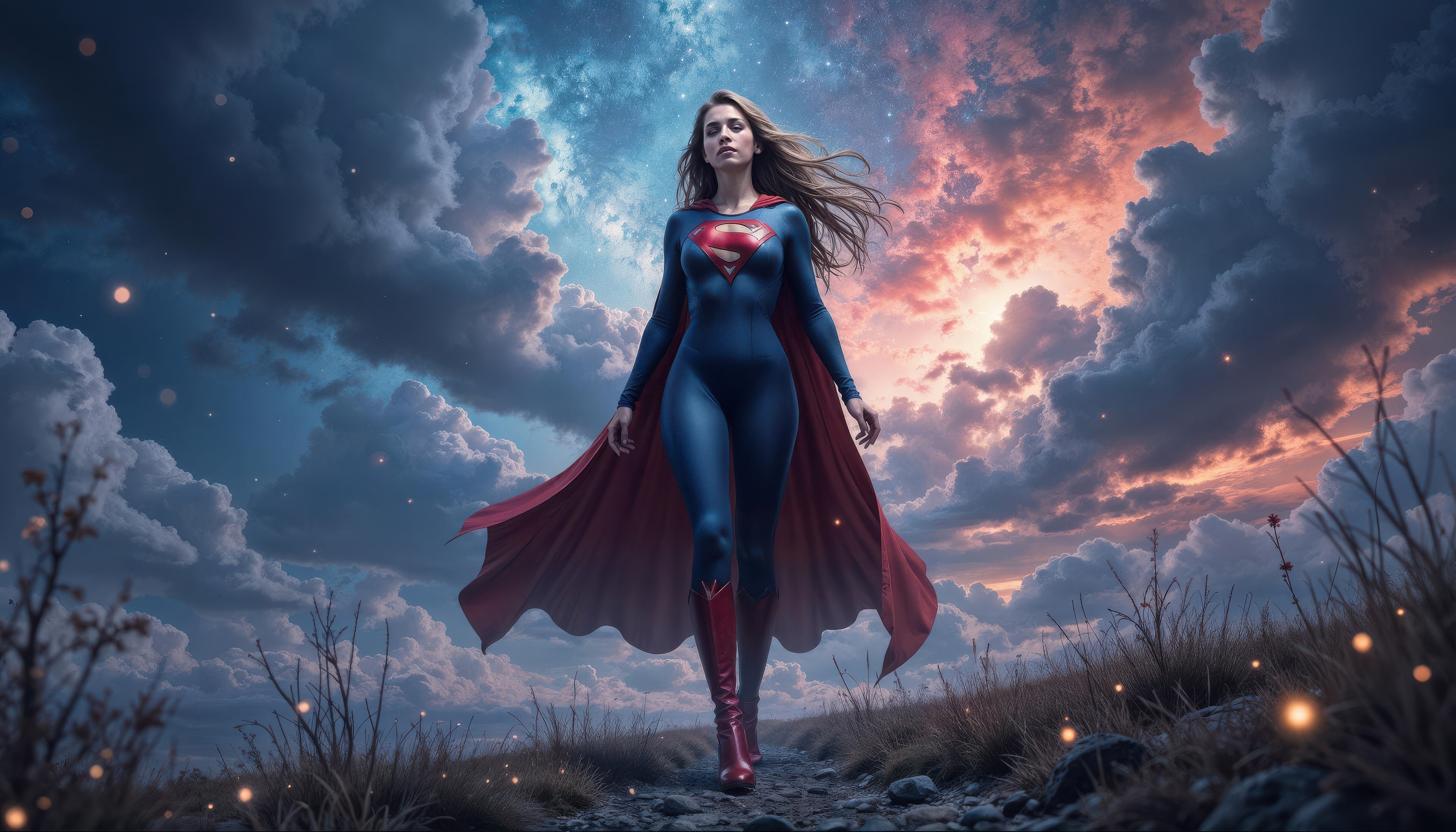 Supergirl Walking Through a Dramatic Sky HD Wallpaper