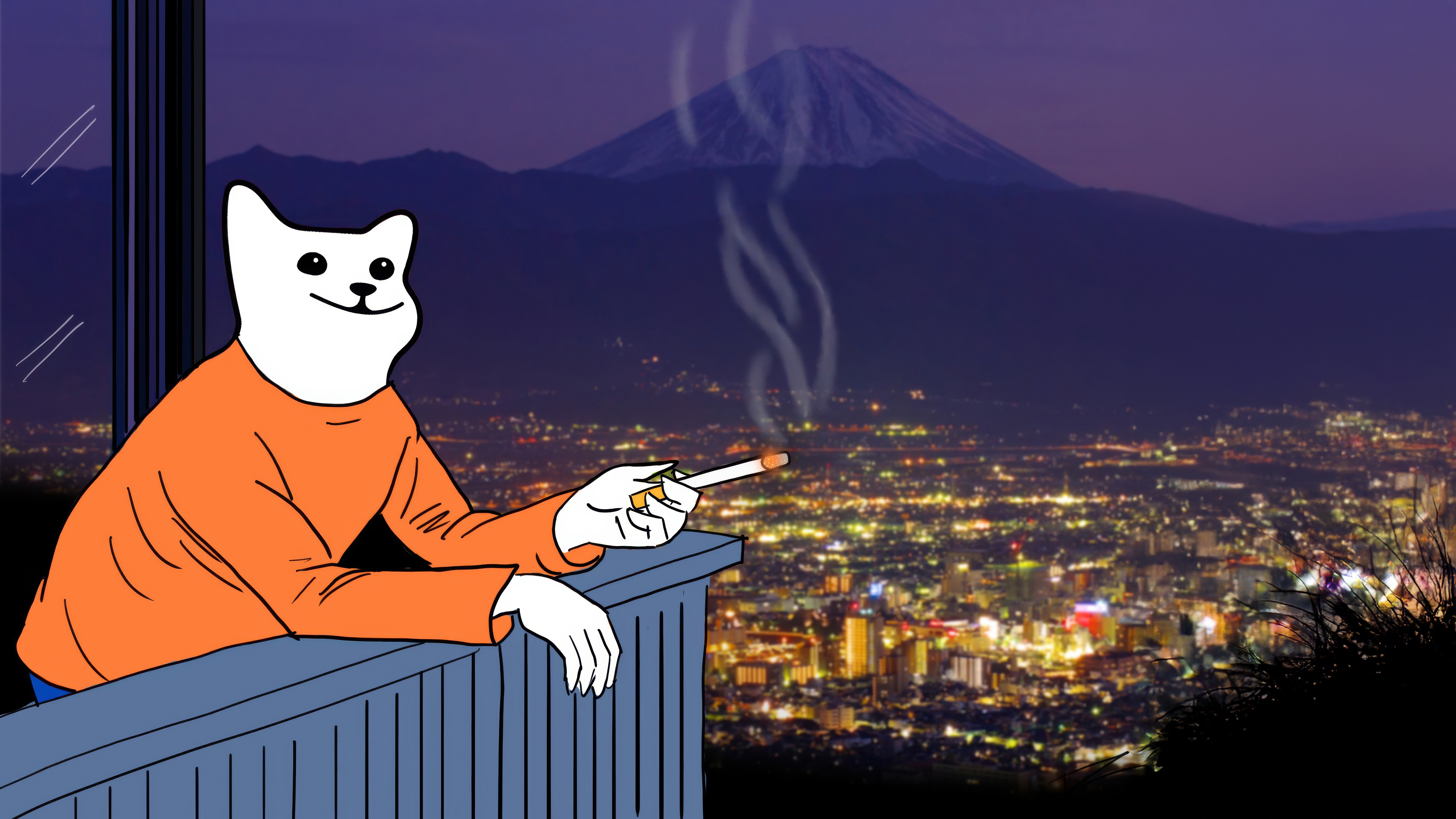 Cat smoking a cigarette with Mount Fuji in the background HD Wallpaper