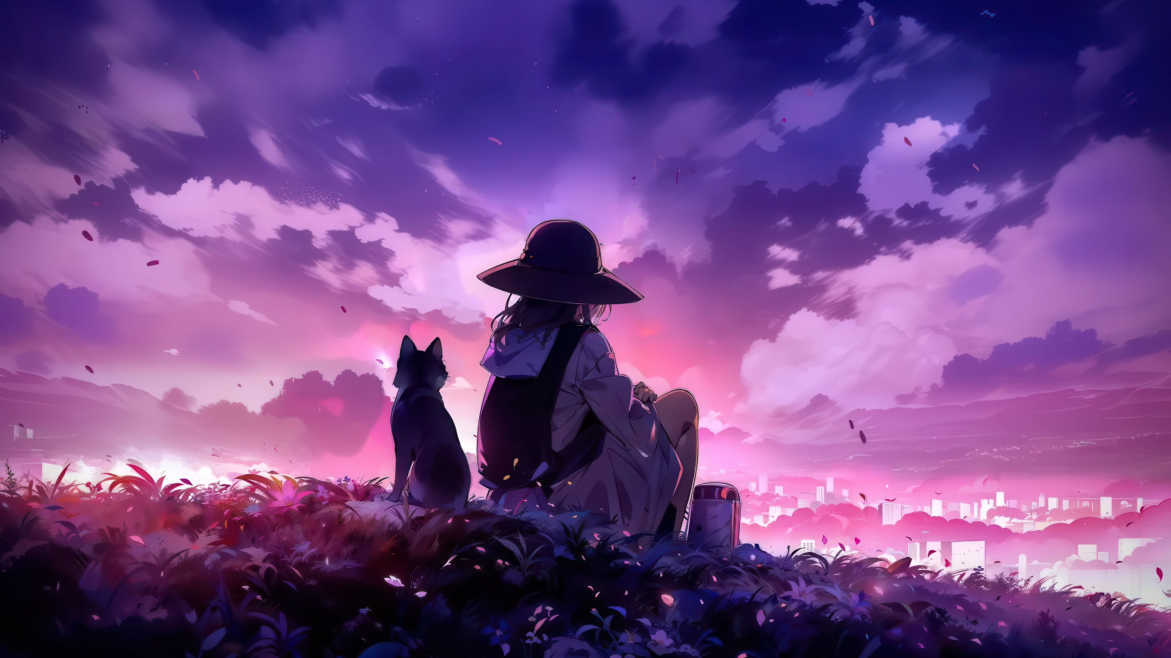 Anime girl and cat watching sunset over city HD Wallpaper