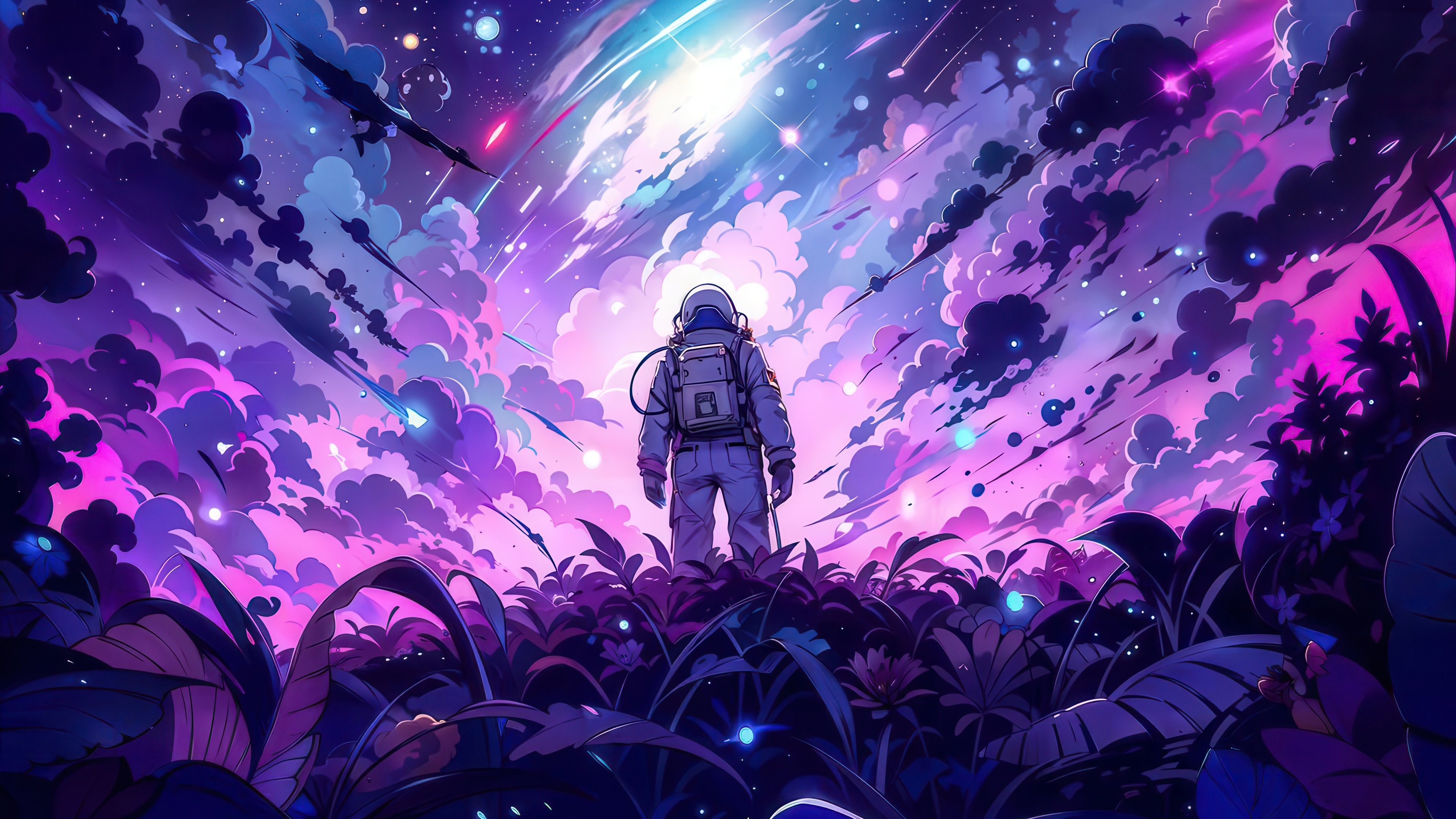 Astronaut standing in a field of alien plants under a starry sky HD Wallpaper