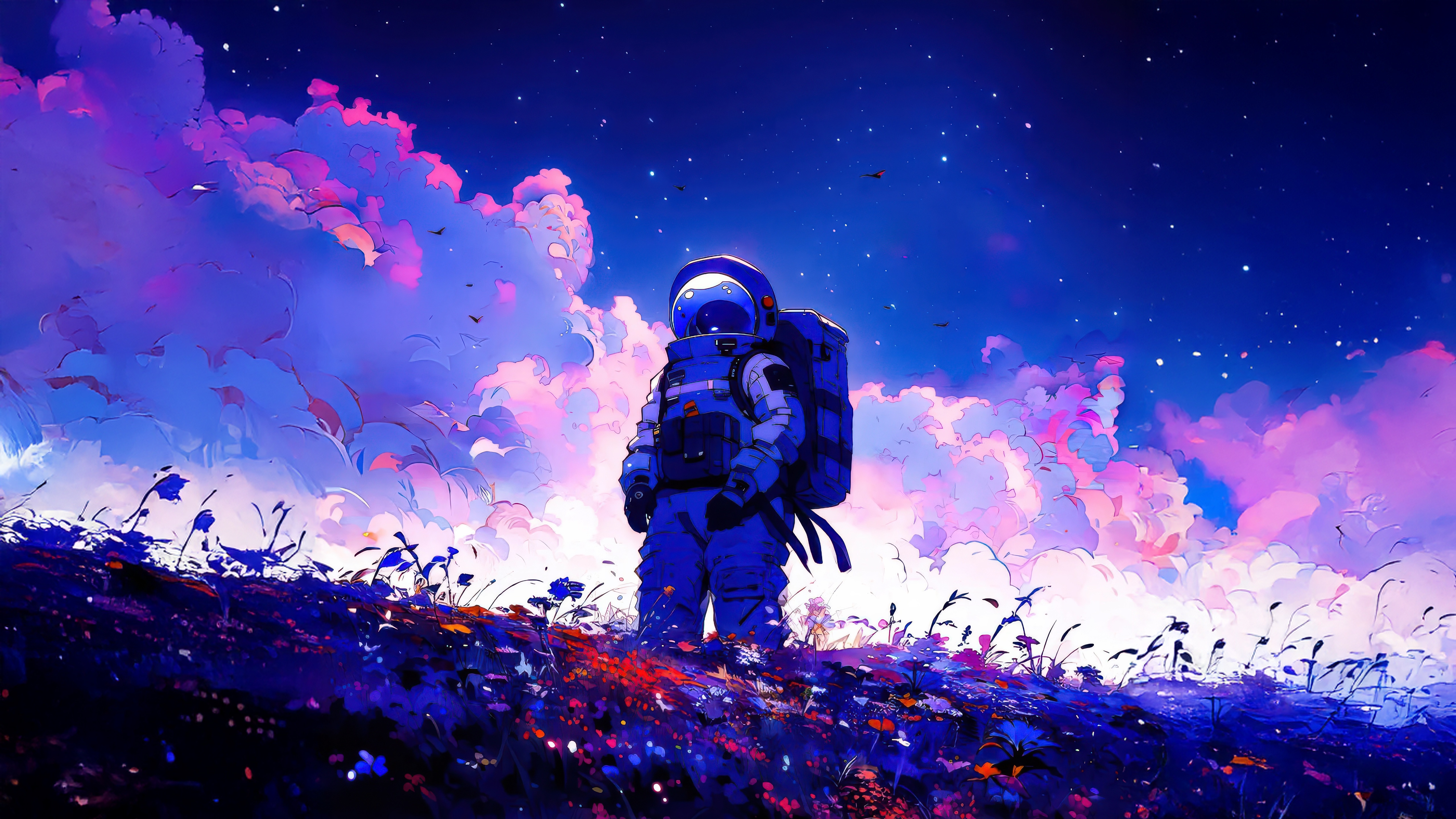 Astronaut in a field of flowers under a starry sky HD Wallpaper