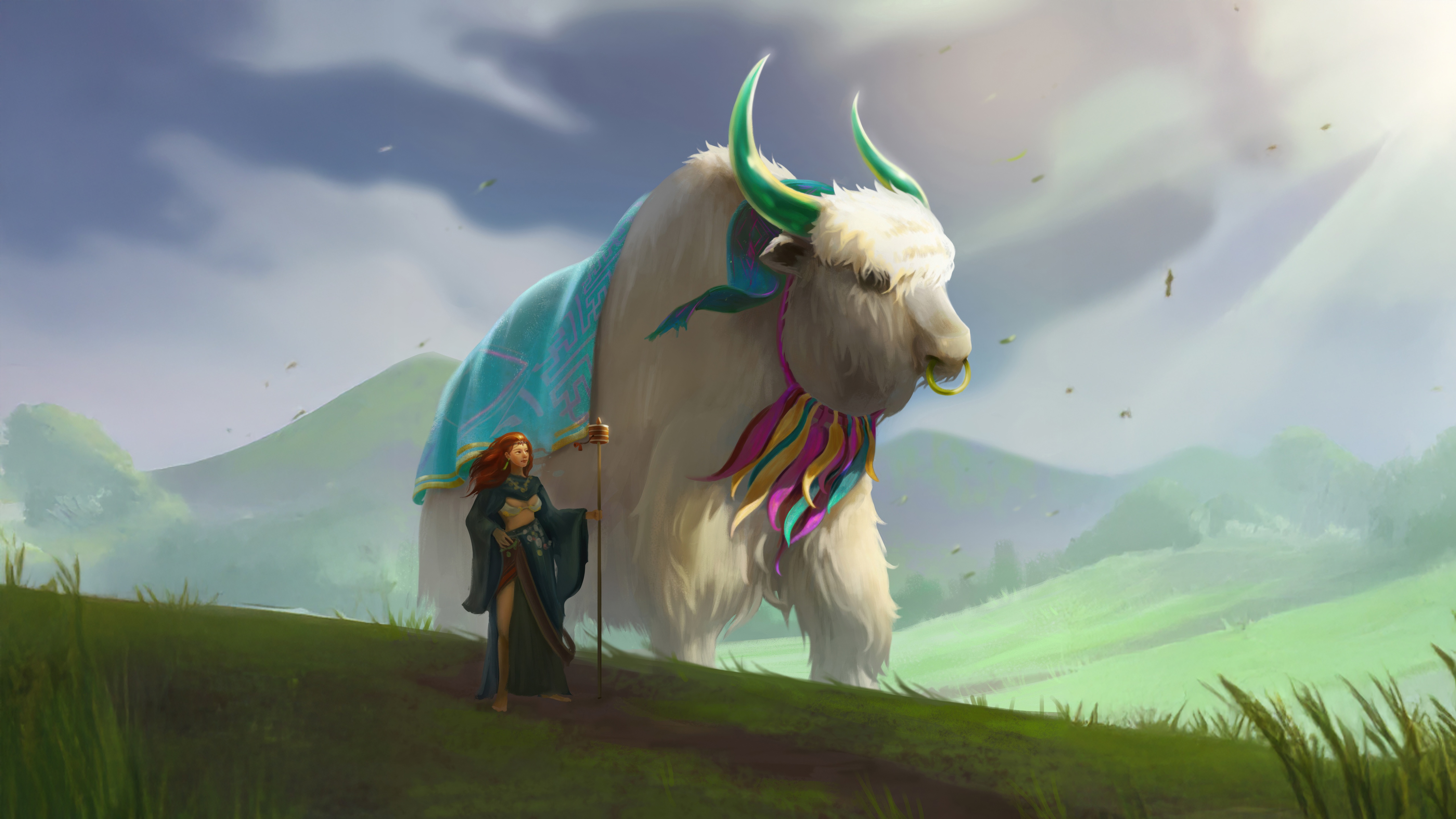 A woman and a decorated yak walk through hills HD Wallpaper