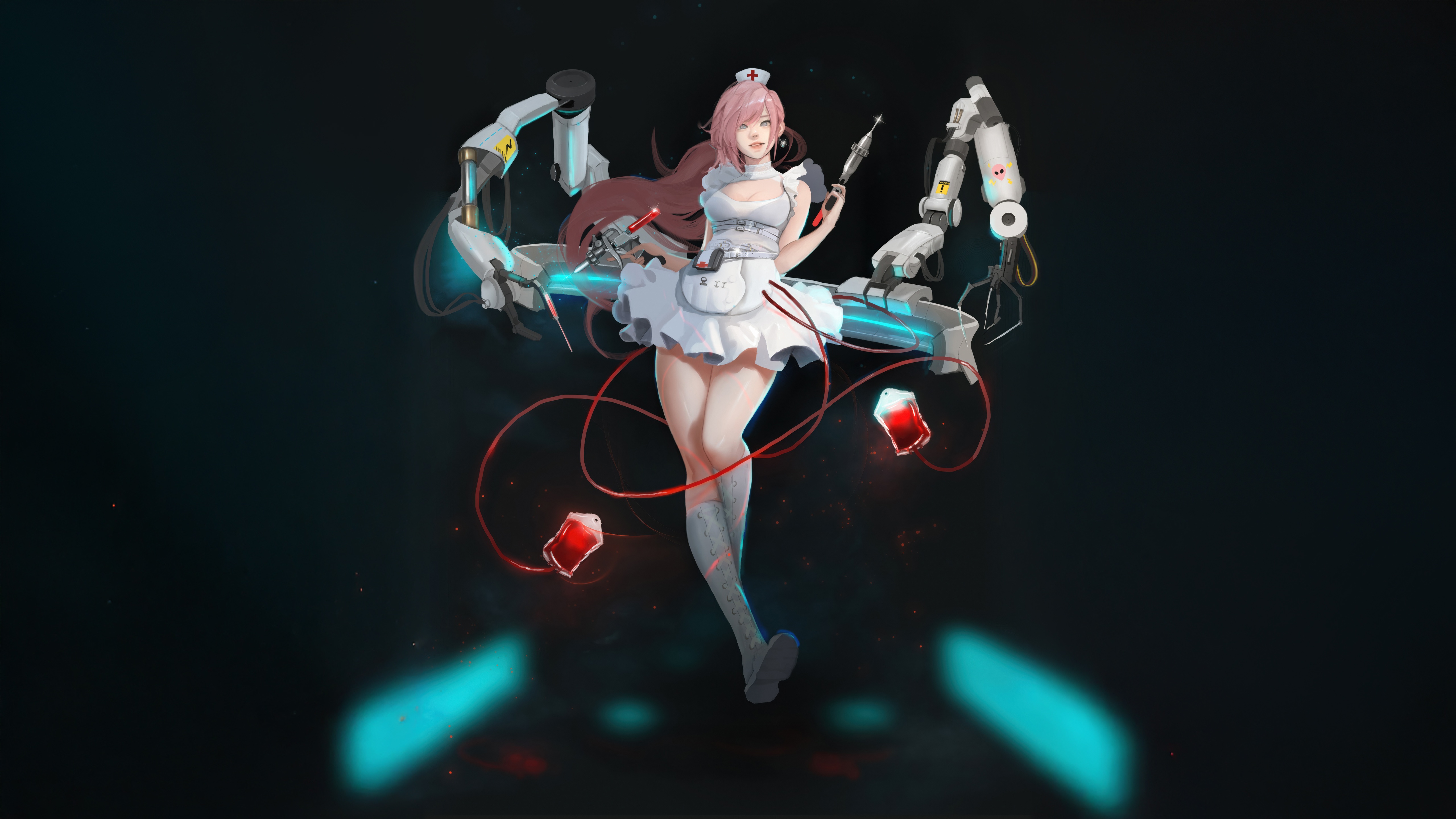 Super Nurse with Robotic Arms and Blood Bags HD Wallpaper