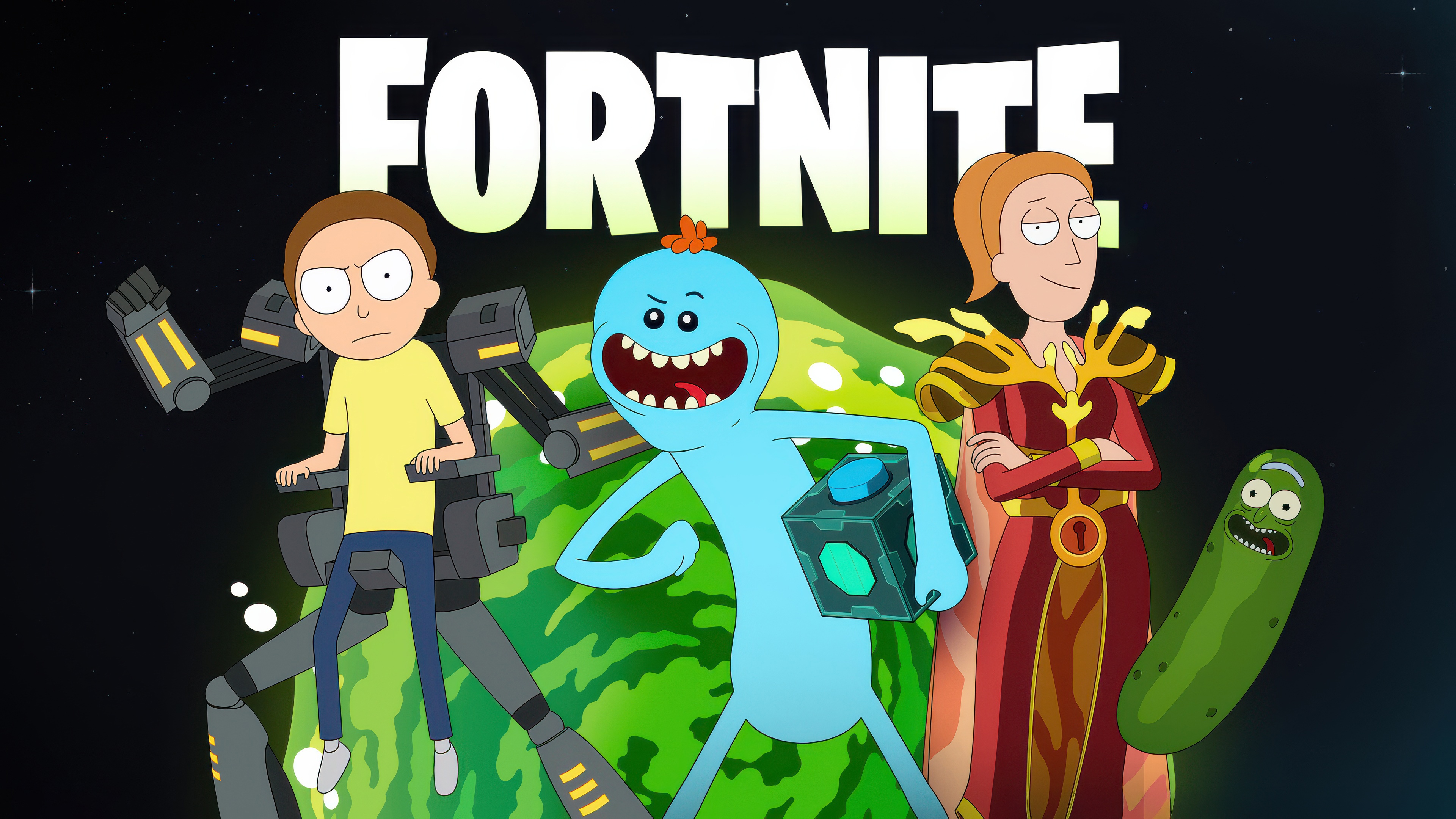 Fortnite characters: Mecha Morty, Queen Summer, Mr. Meeseeks, Pickle Rick HD Wallpaper