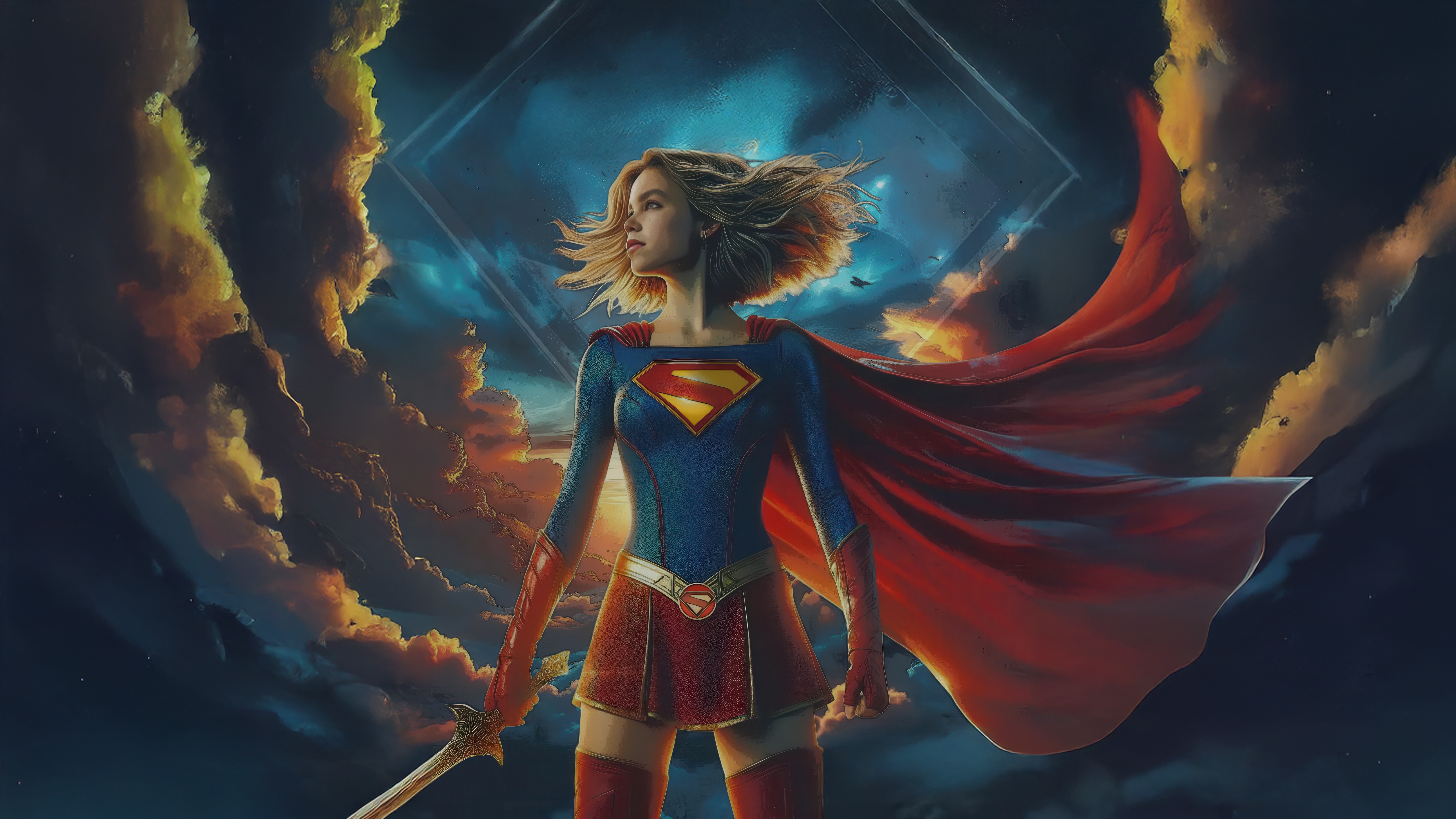 Supergirl standing with sword in front of clouds HD Wallpaper
