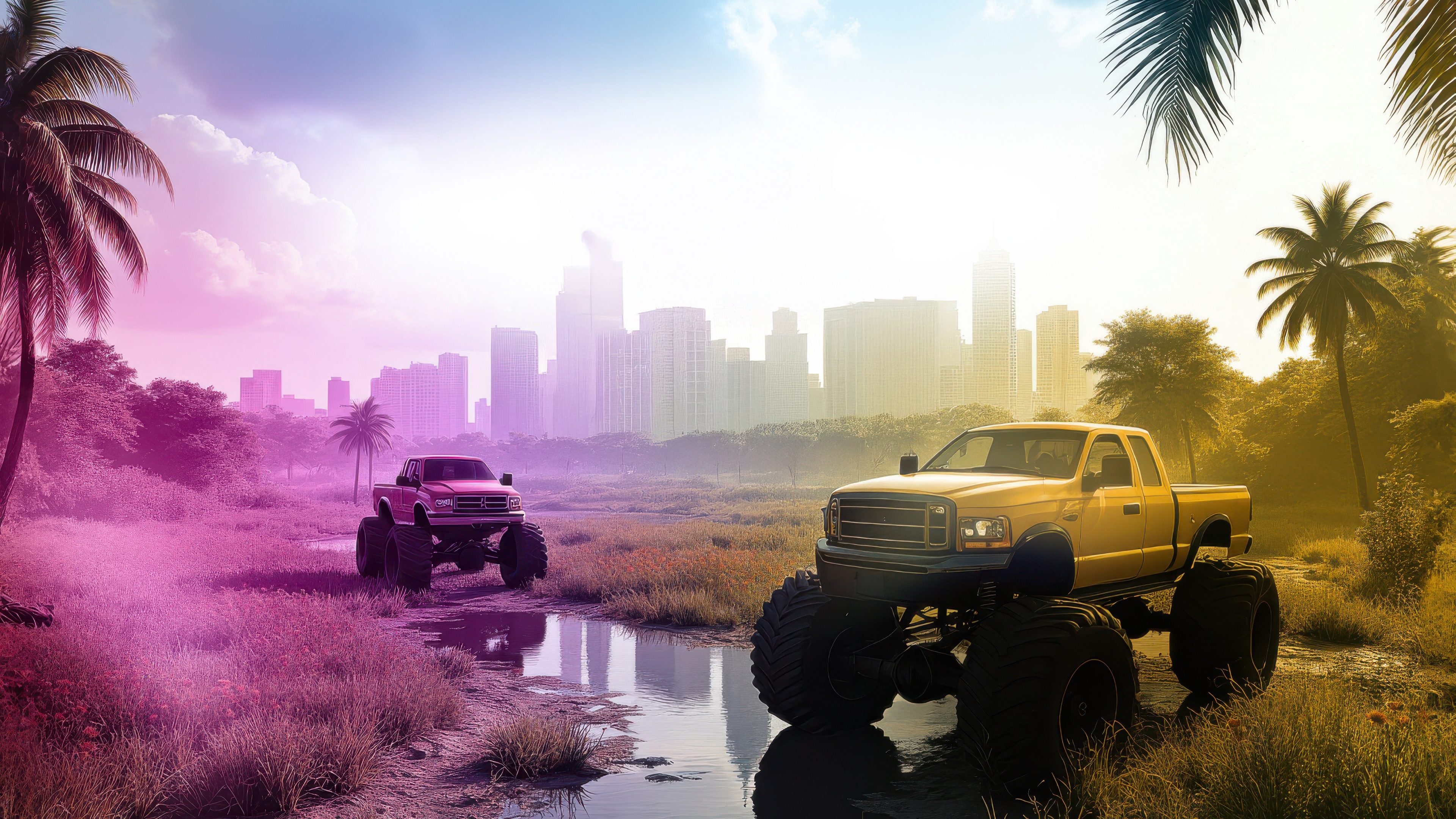 GTA 6 Game 2025 Monster Trucks in City Landscape HD Wallpaper