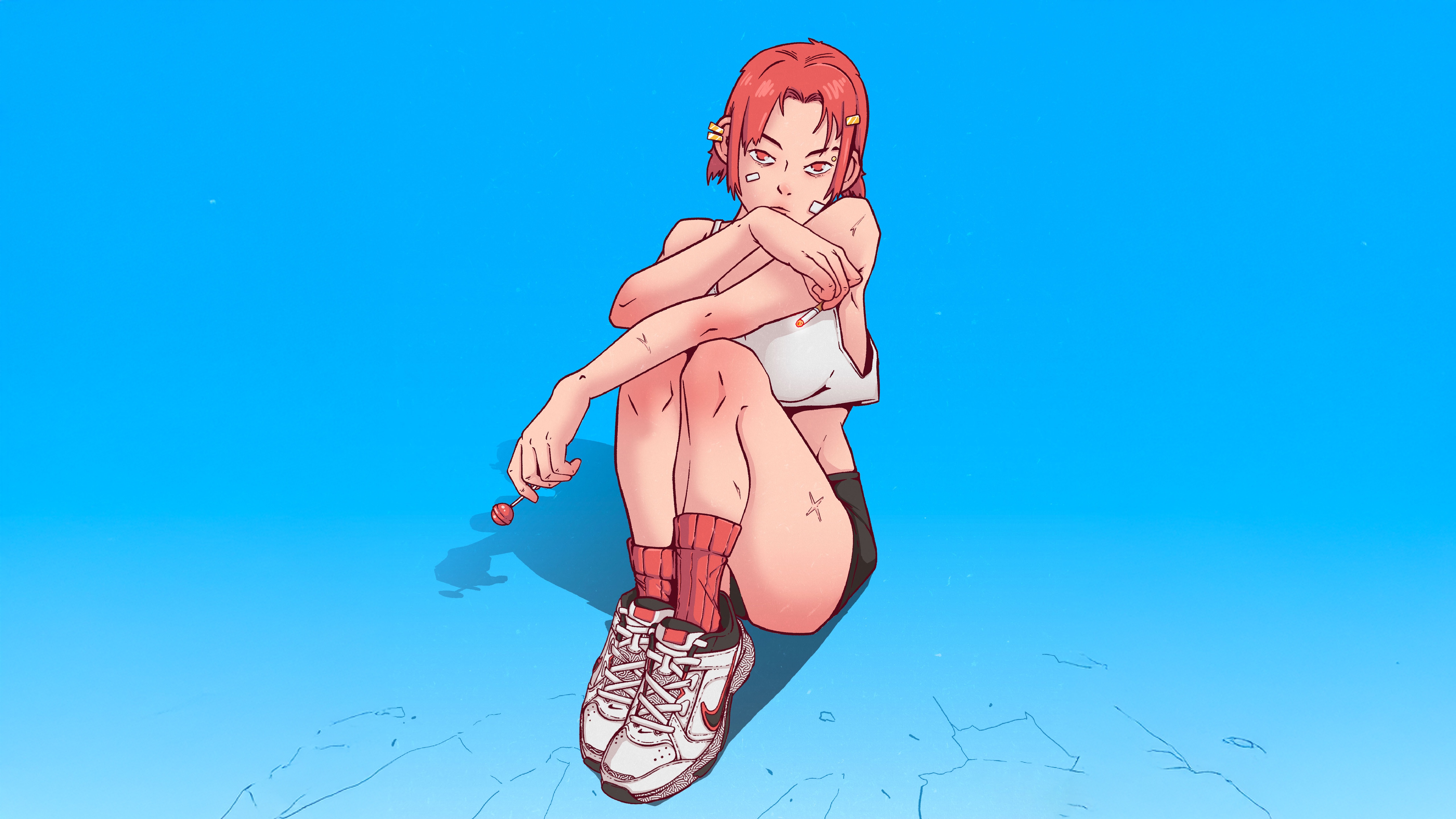 Anime girl with red hair holding a lollipop HD Wallpaper