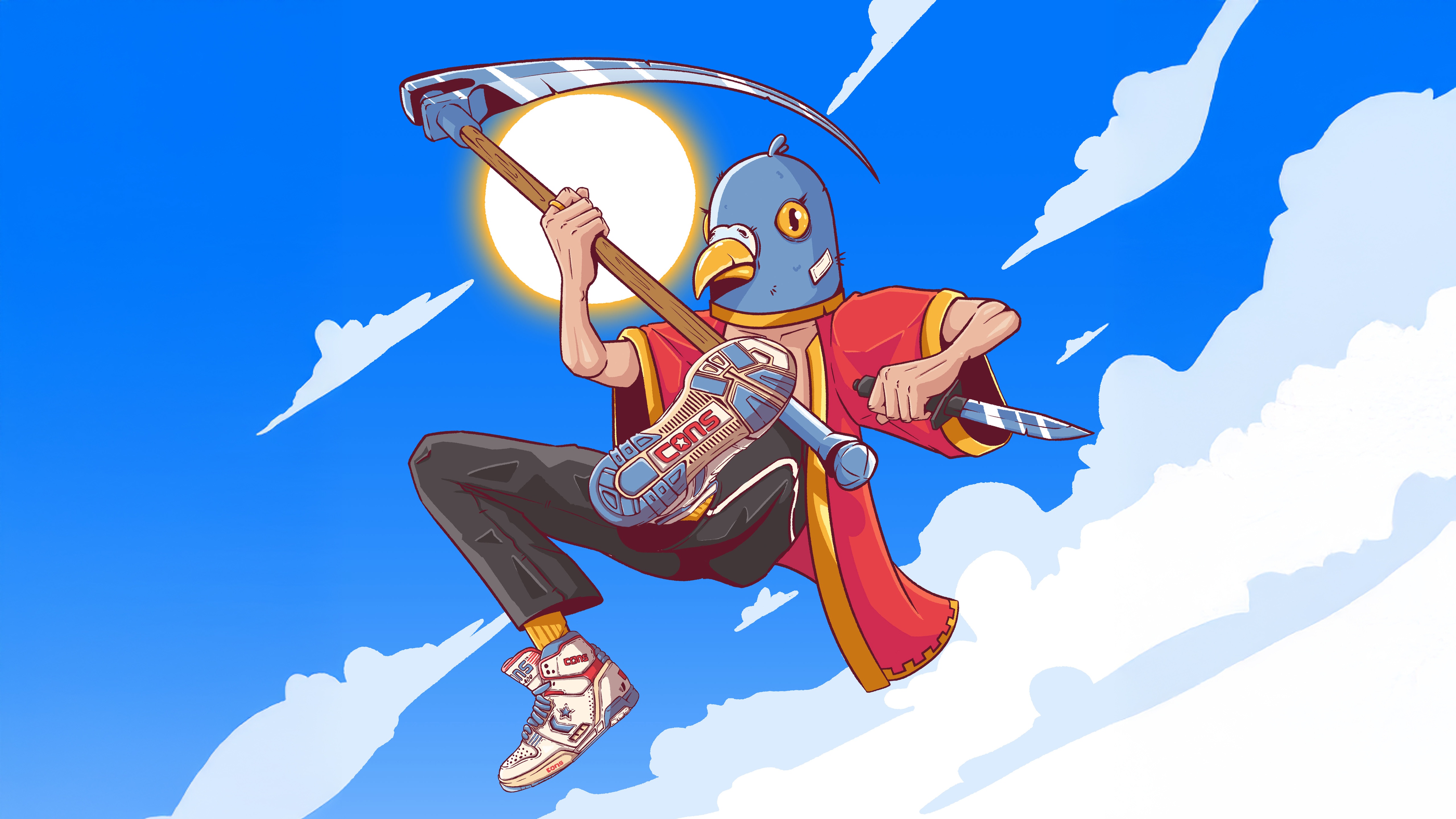 Fantasy Bird Knight with Scythe and Knife HD Wallpaper